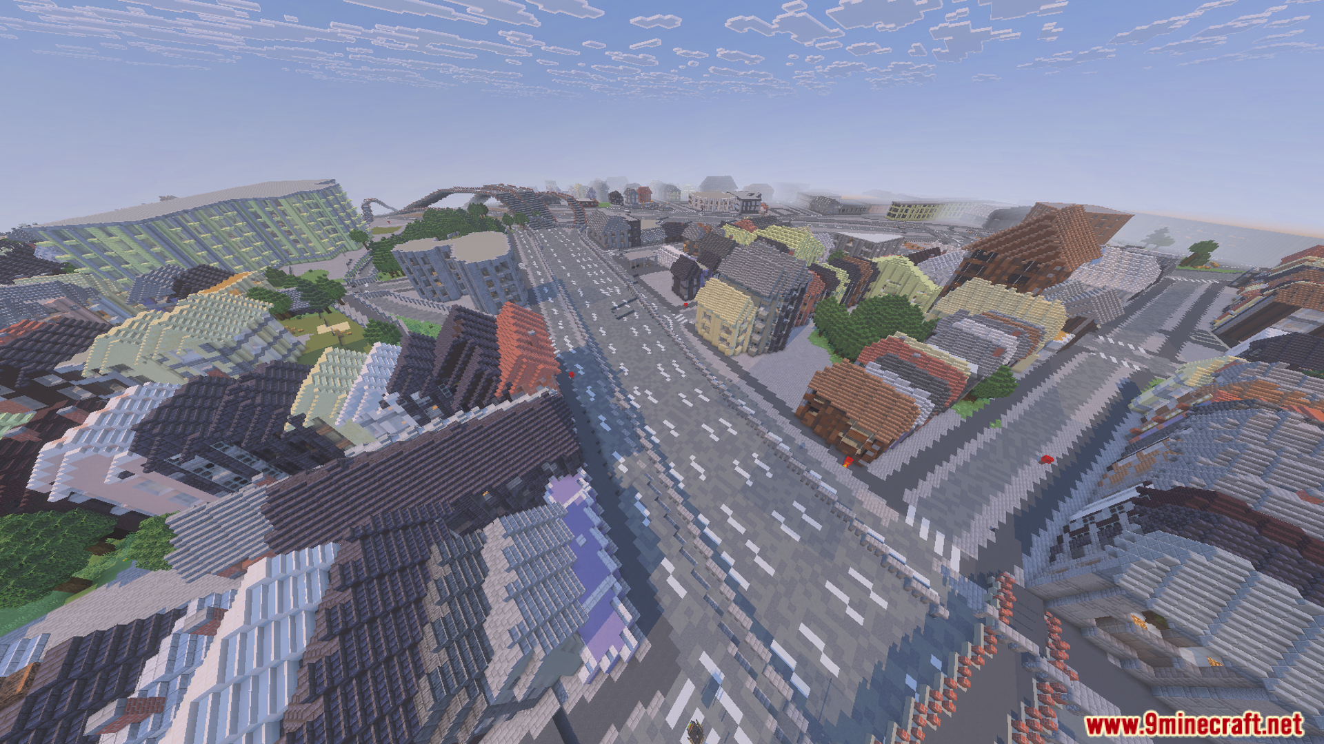 Aerial view of a wide road and city buildings in Immersion New York Map