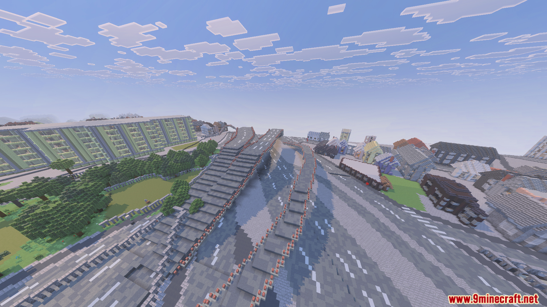 Elevated highway system with multiple lanes and ramps built in a city