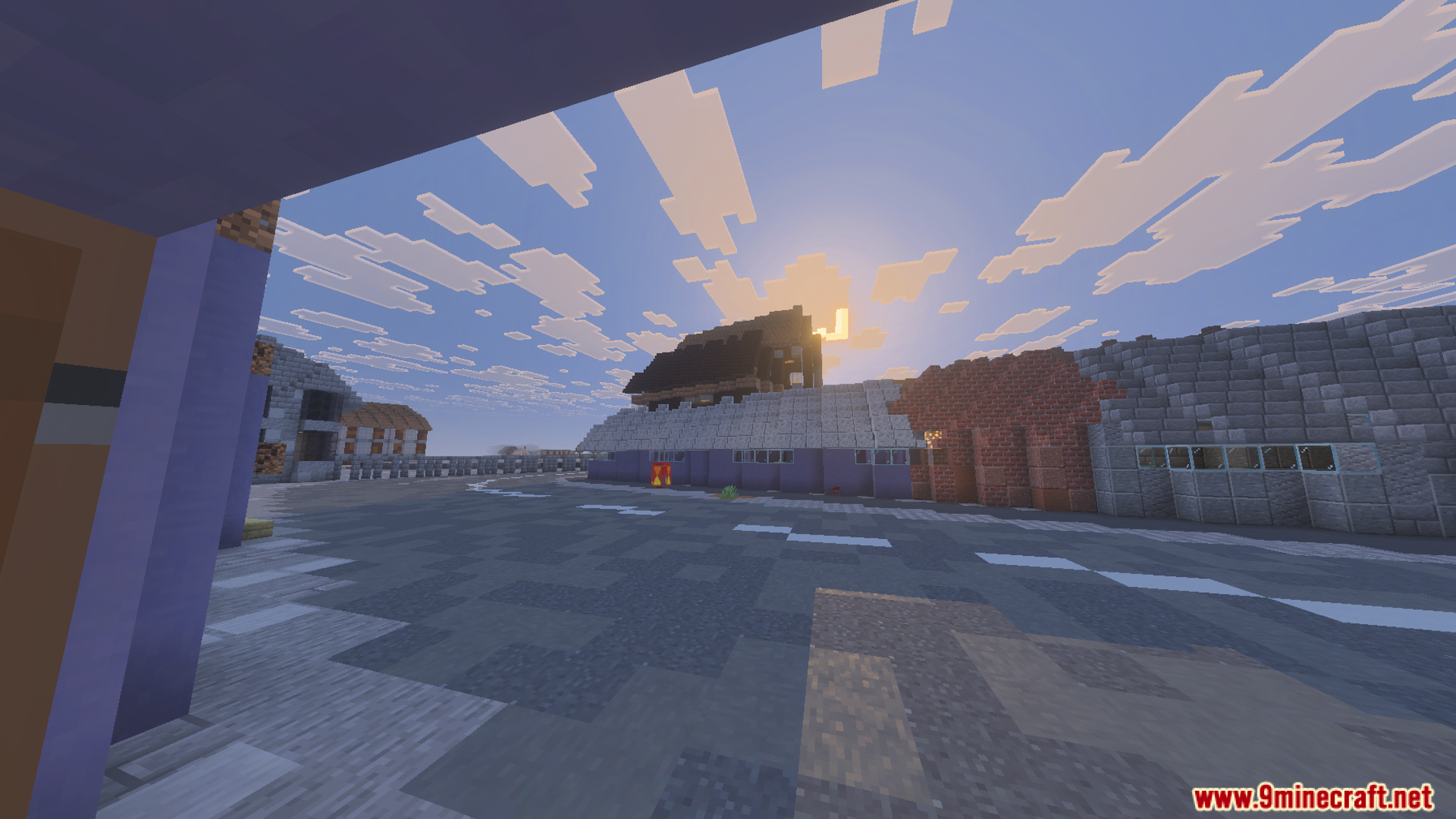A wide street in the Immersion New York Map under a sunset sky