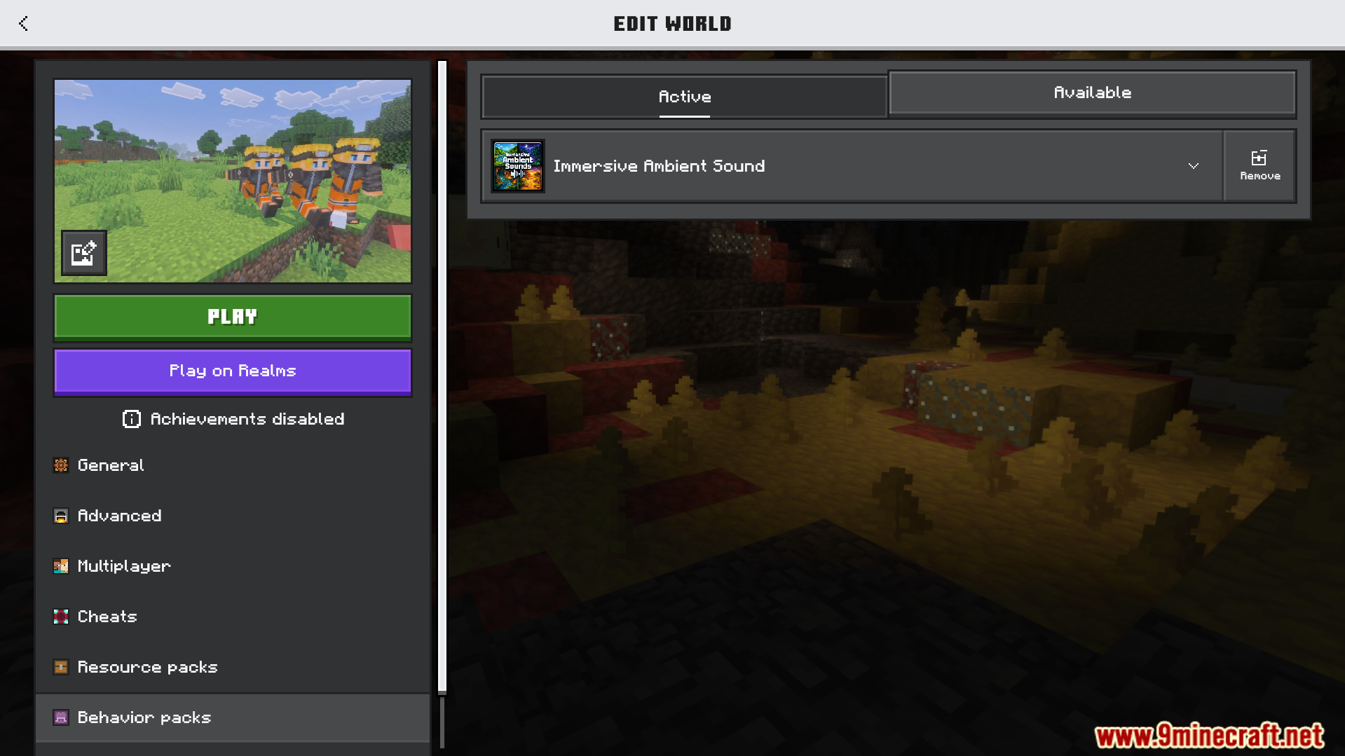 Edit world screen with the Immersive Ambient Sound pack active in behavior packs