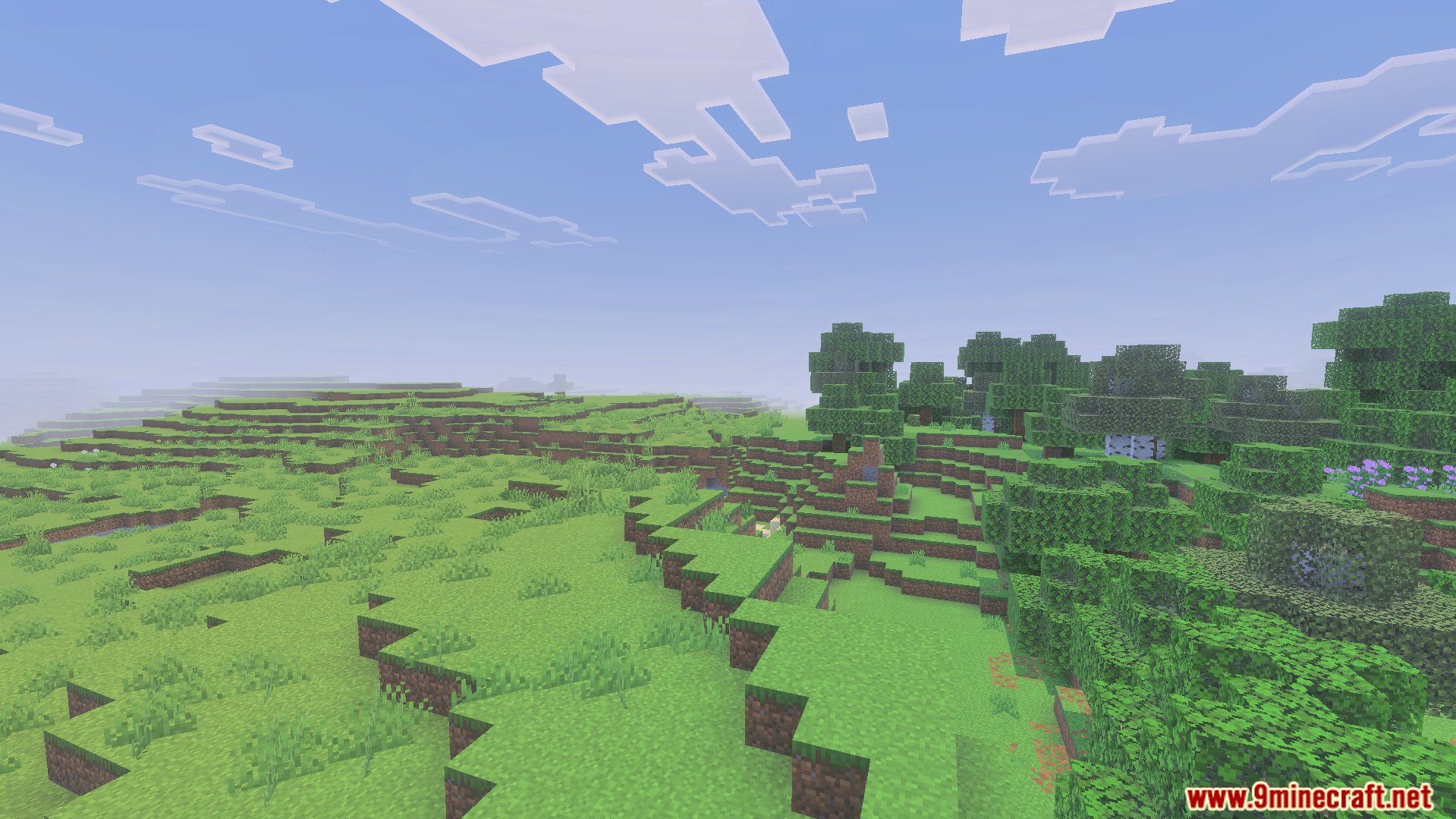 Lush green landscape with trees and hills in a Minecraft world during daytime