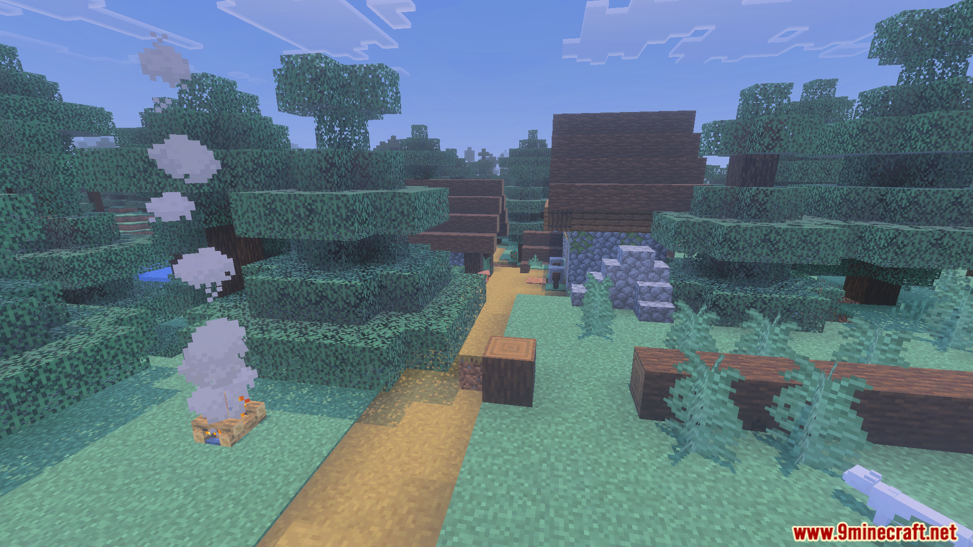 Lively spruce forest village with smoke rising from a campfire during daytime
