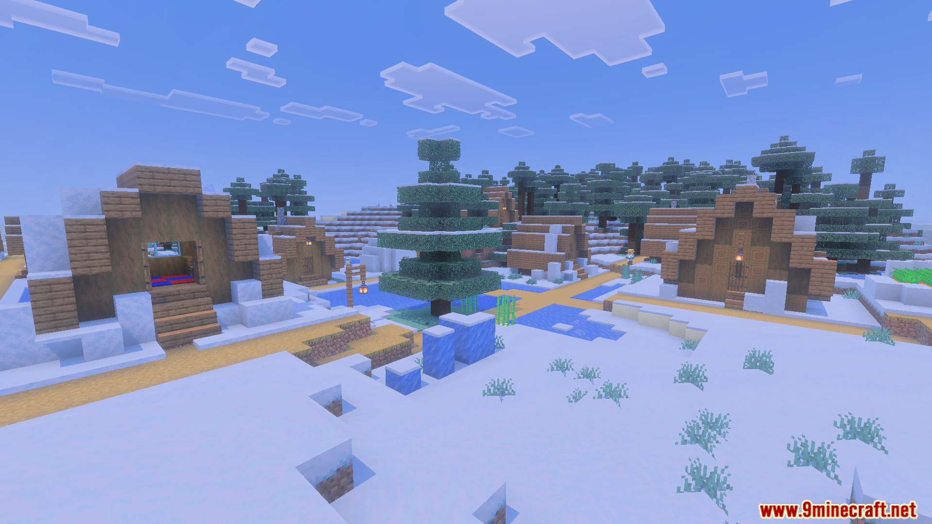 A peaceful snowy village with wooden houses and spruce trees in a winter biome