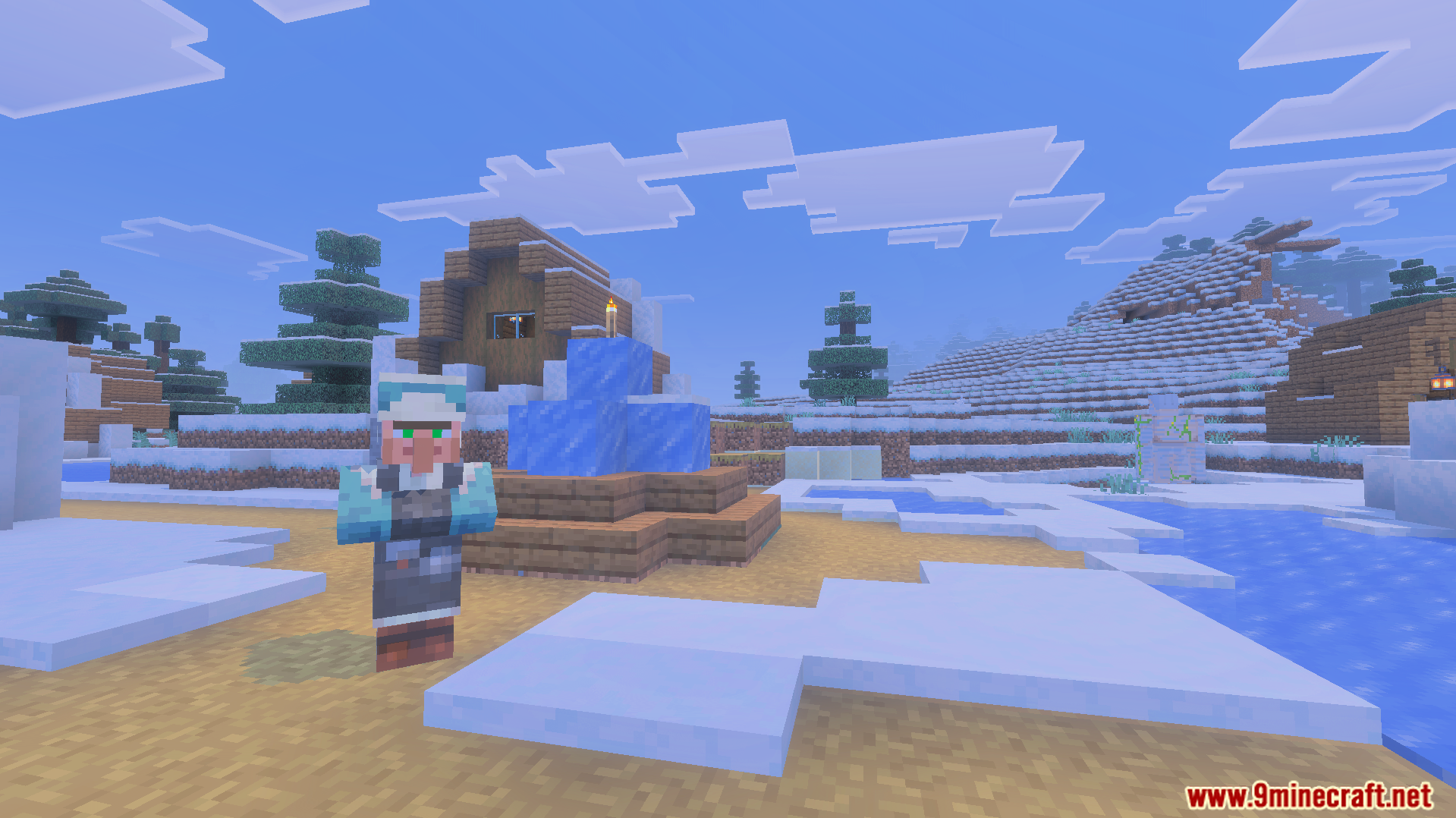 Villager in winter attire standing near an ice fountain in a snowy village biome