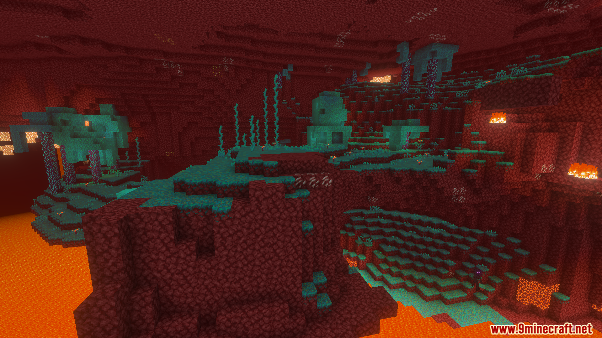 Teal warped forest biome in the Nether featuring cyan fungi and lava