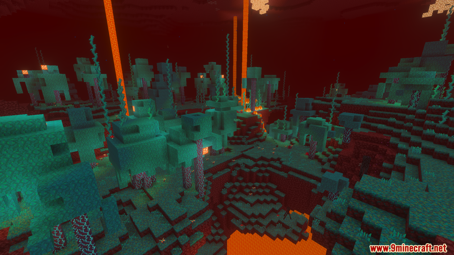 Minecraft warped forest biome in the nether featuring immersive ambient sounds addon