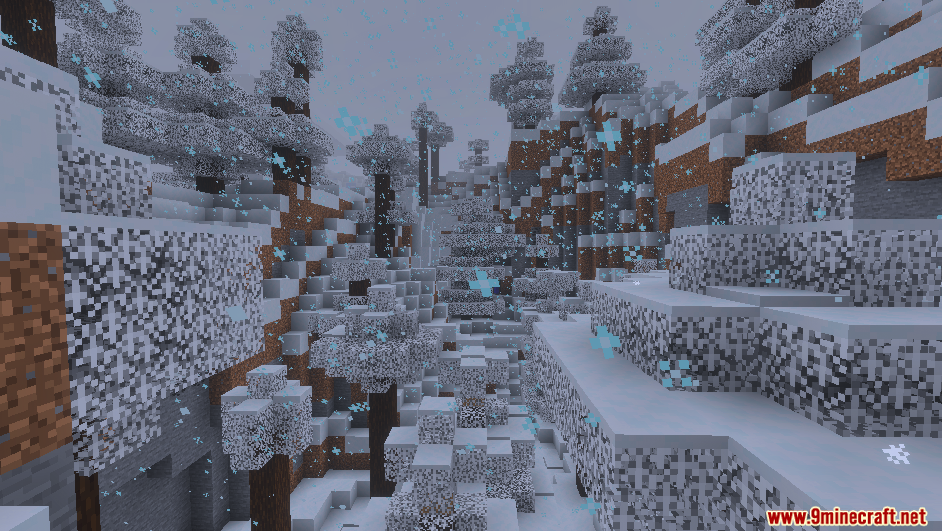 Realistic snowflakes fall over a snowy forest with spruce trees during a storm