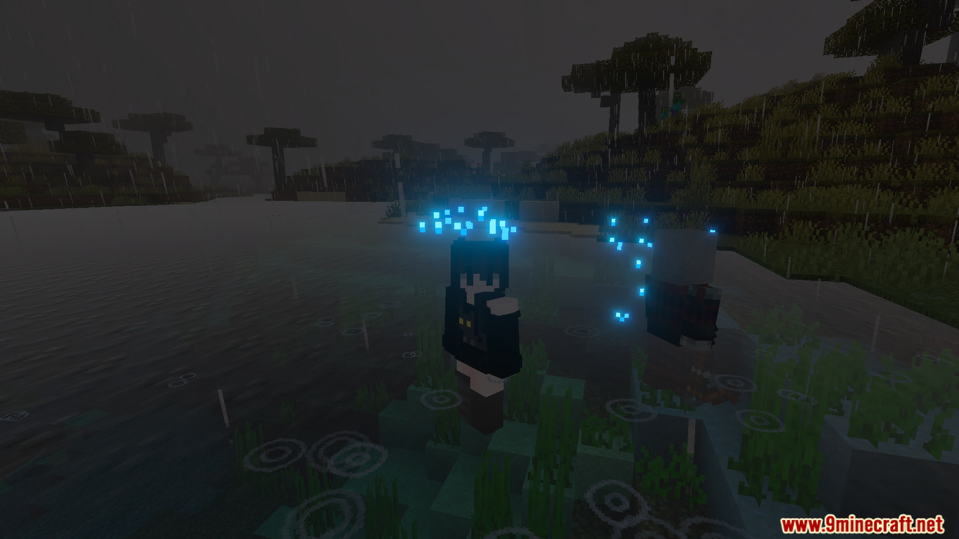 Glowing blue water drip particles fall around a character in the pouring rain