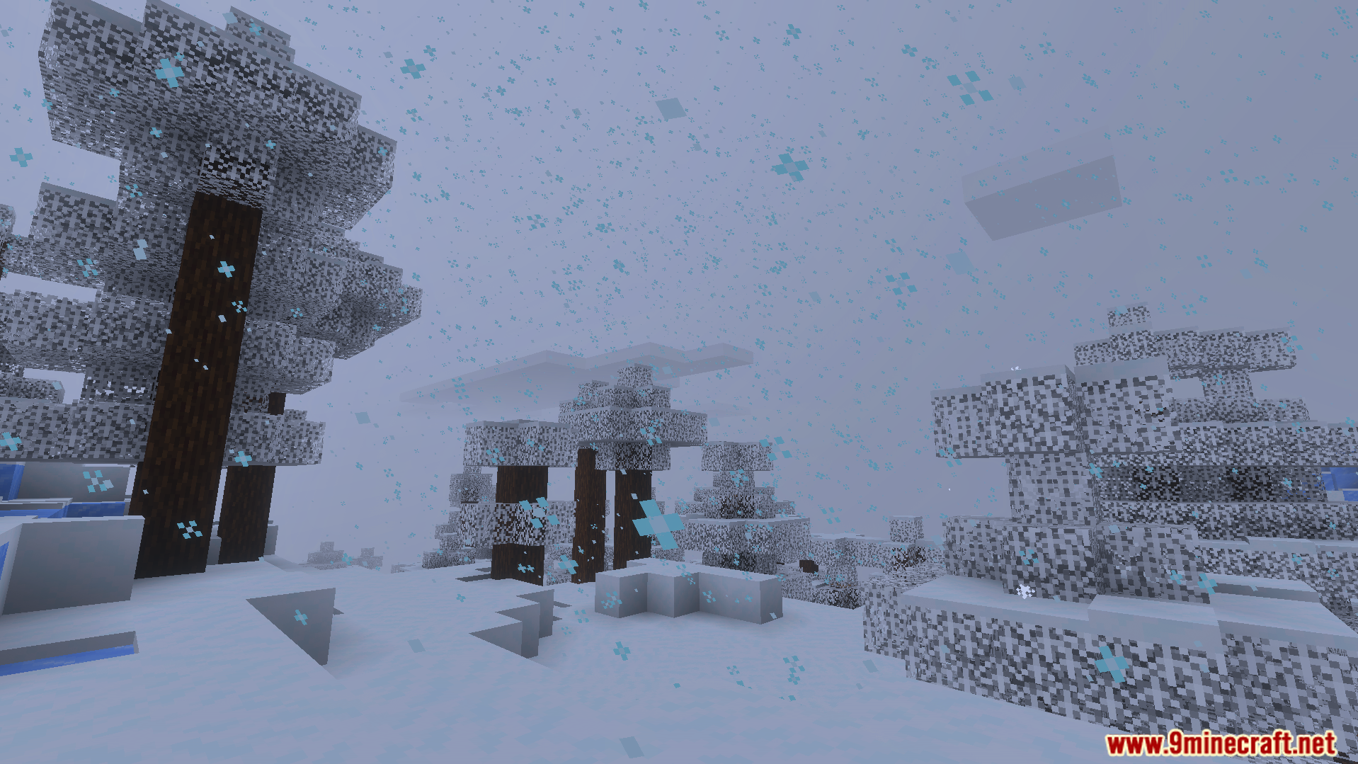 Detailed snowflakes falling among snow covered spruce trees in a frozen forest biome