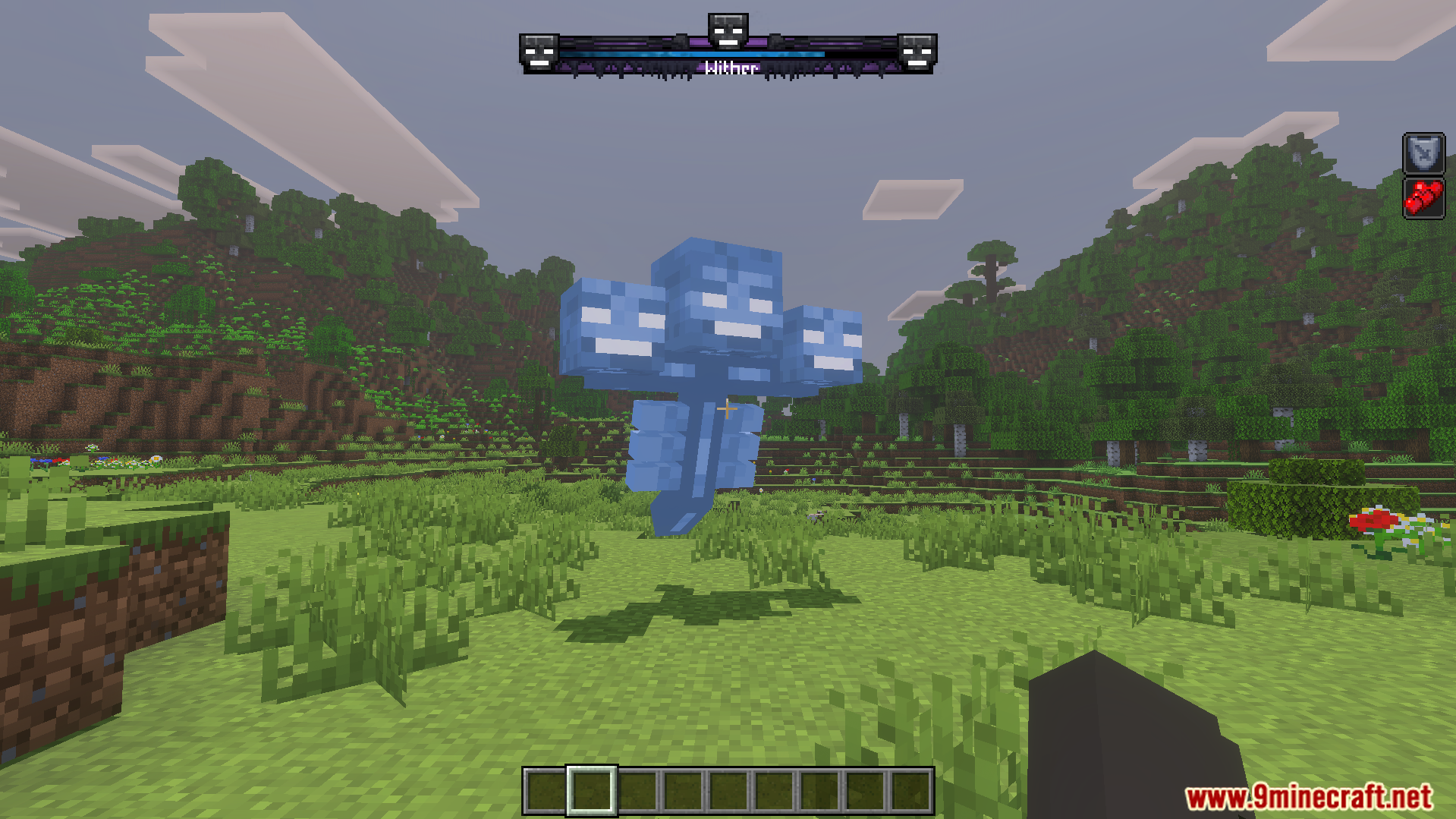 A blue Wither boss floats in a field with Improved BossBars Texture Pack