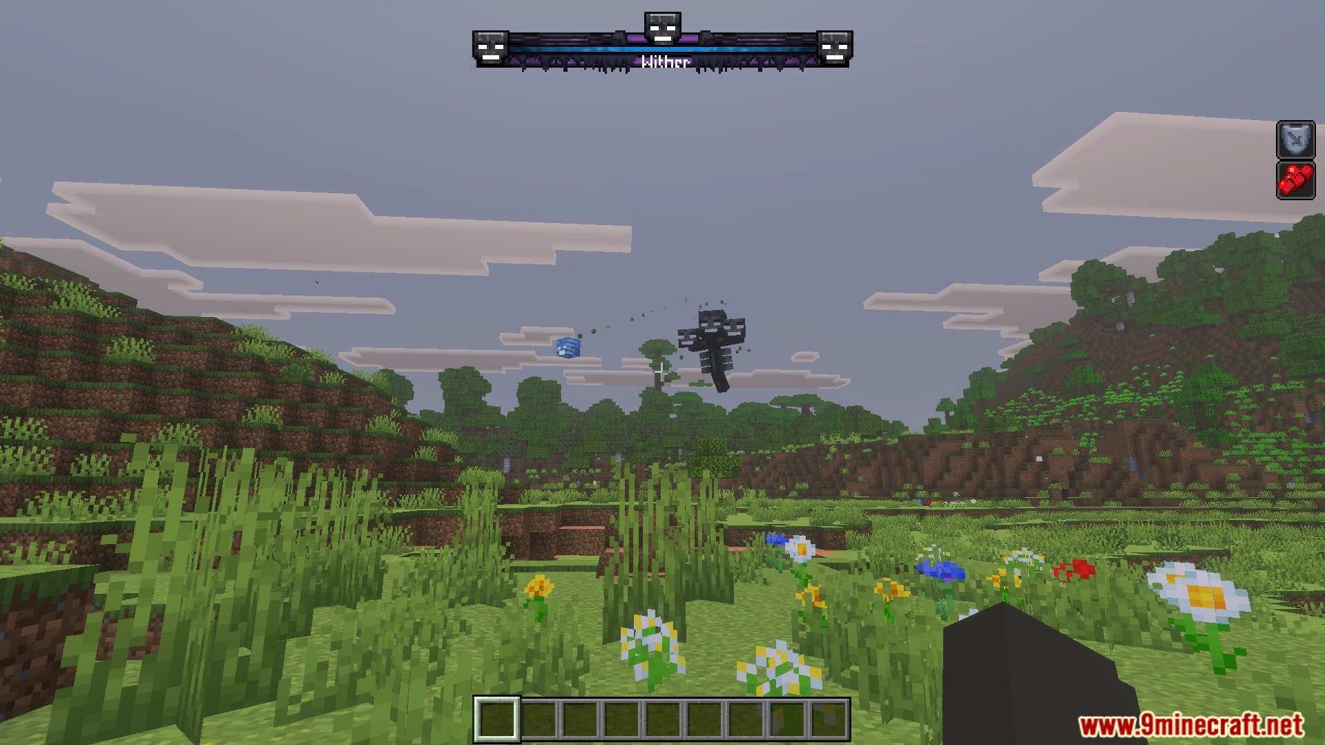 Black Wither boss shoots a blue skull under a fantasy boss health bar