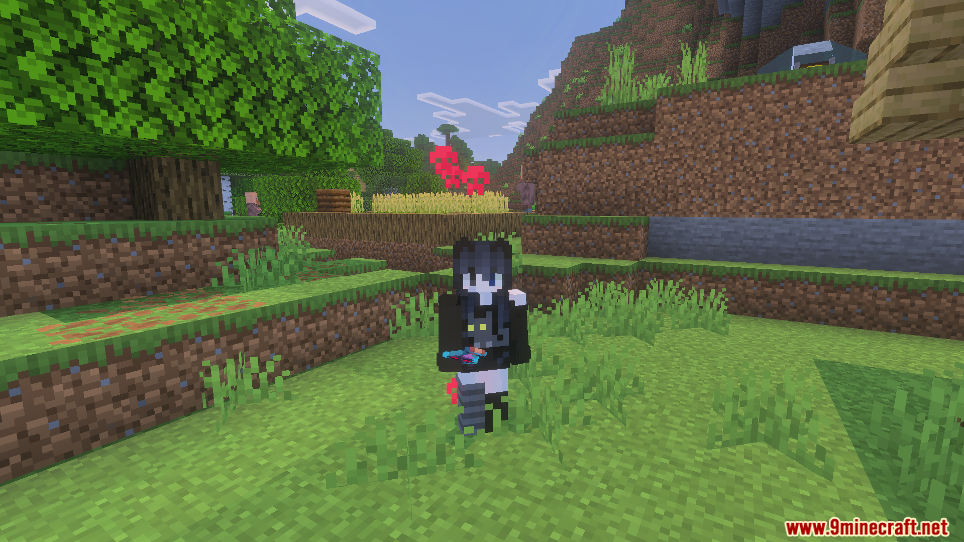 A Minecraft player stands in a grassy field with red hearts floating nearby
