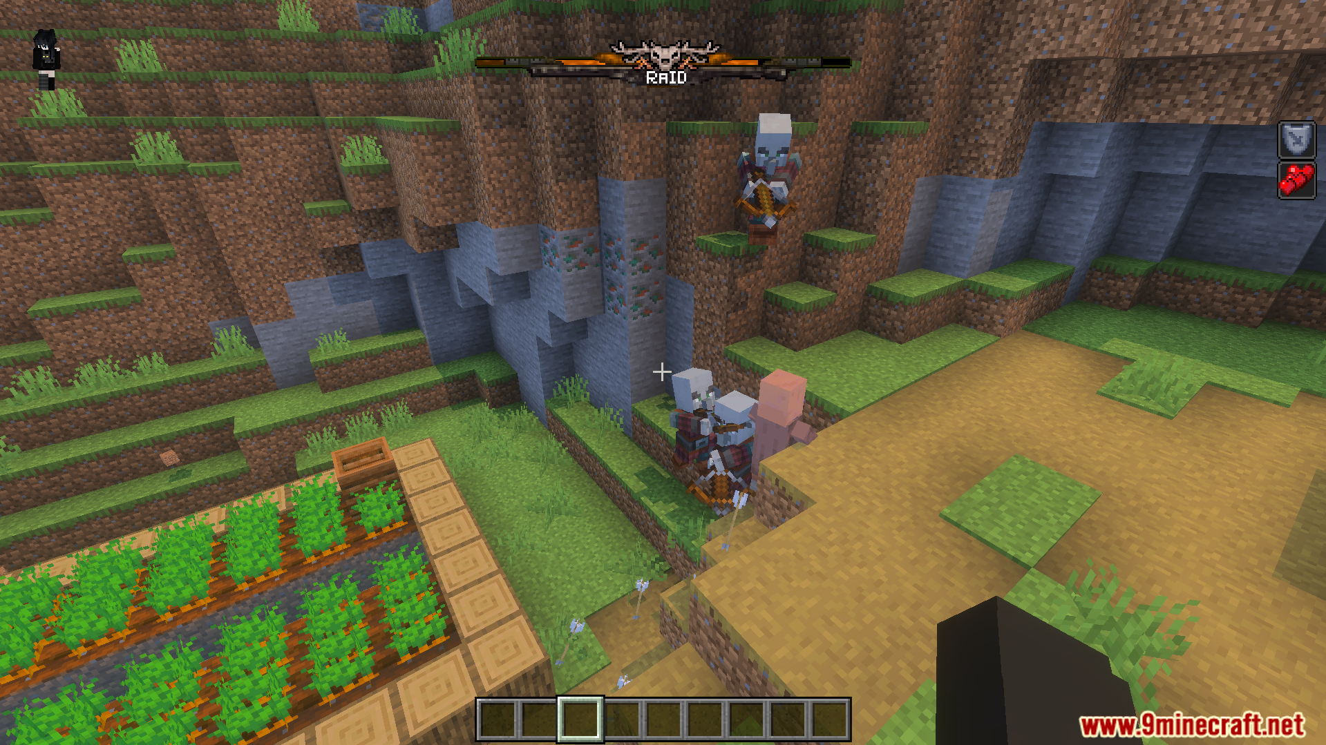 Pillagers attack a villager under a custom fantasy themed raid bar