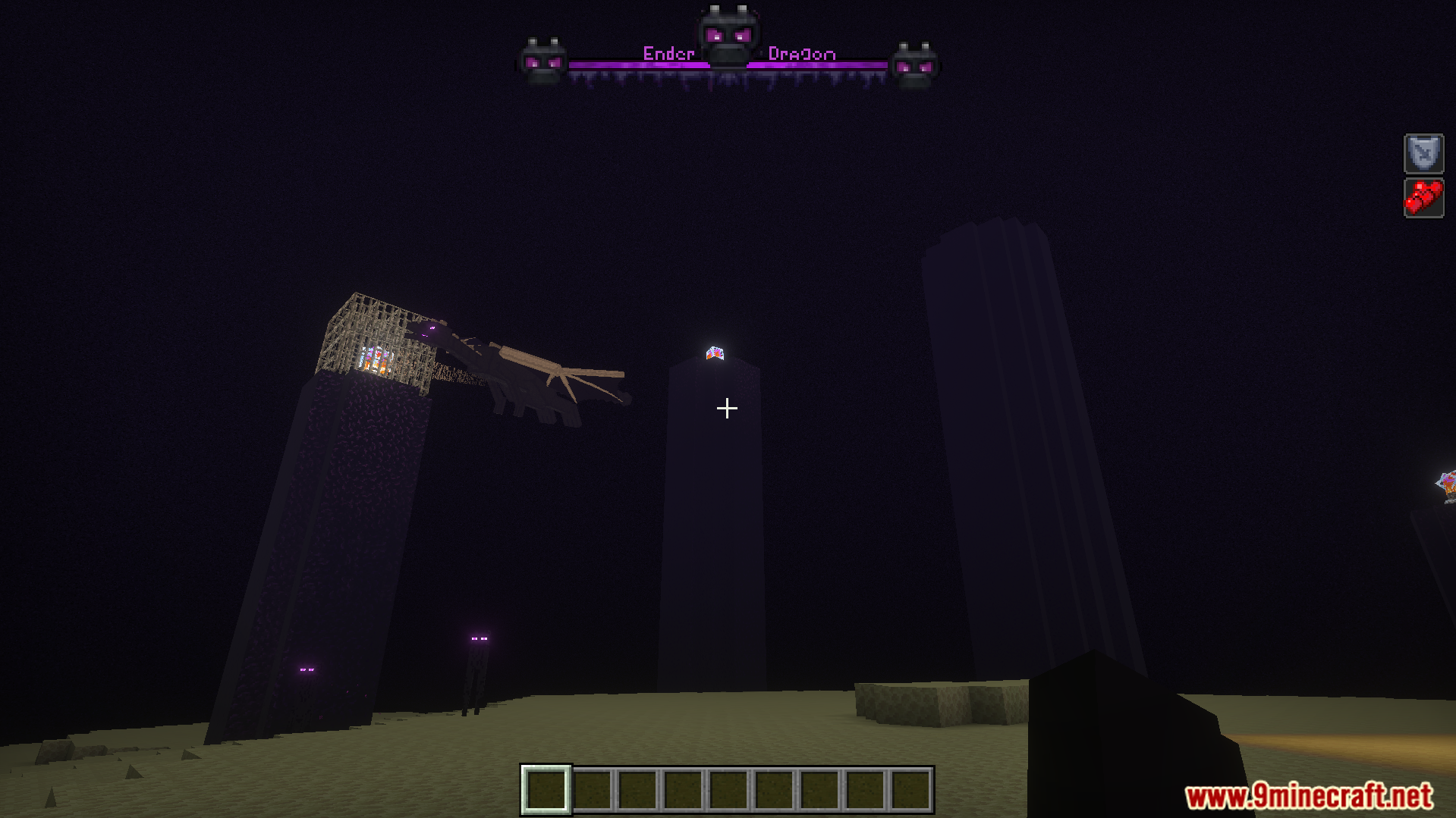 Ender Dragon flying near obsidian pillars with a glowing fantasy boss health bar