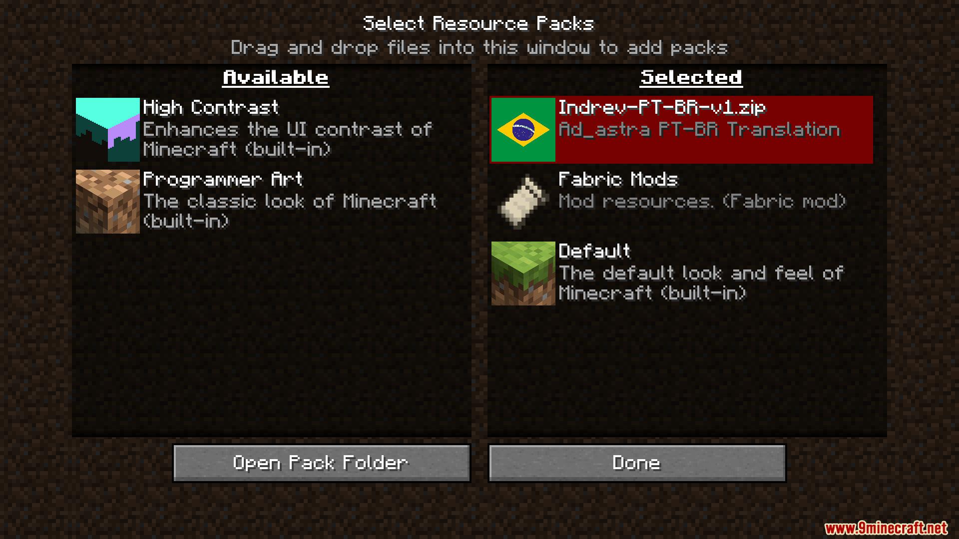 Selecting the Brazilian Portuguese translation pack in the Minecraft resource pack menu
