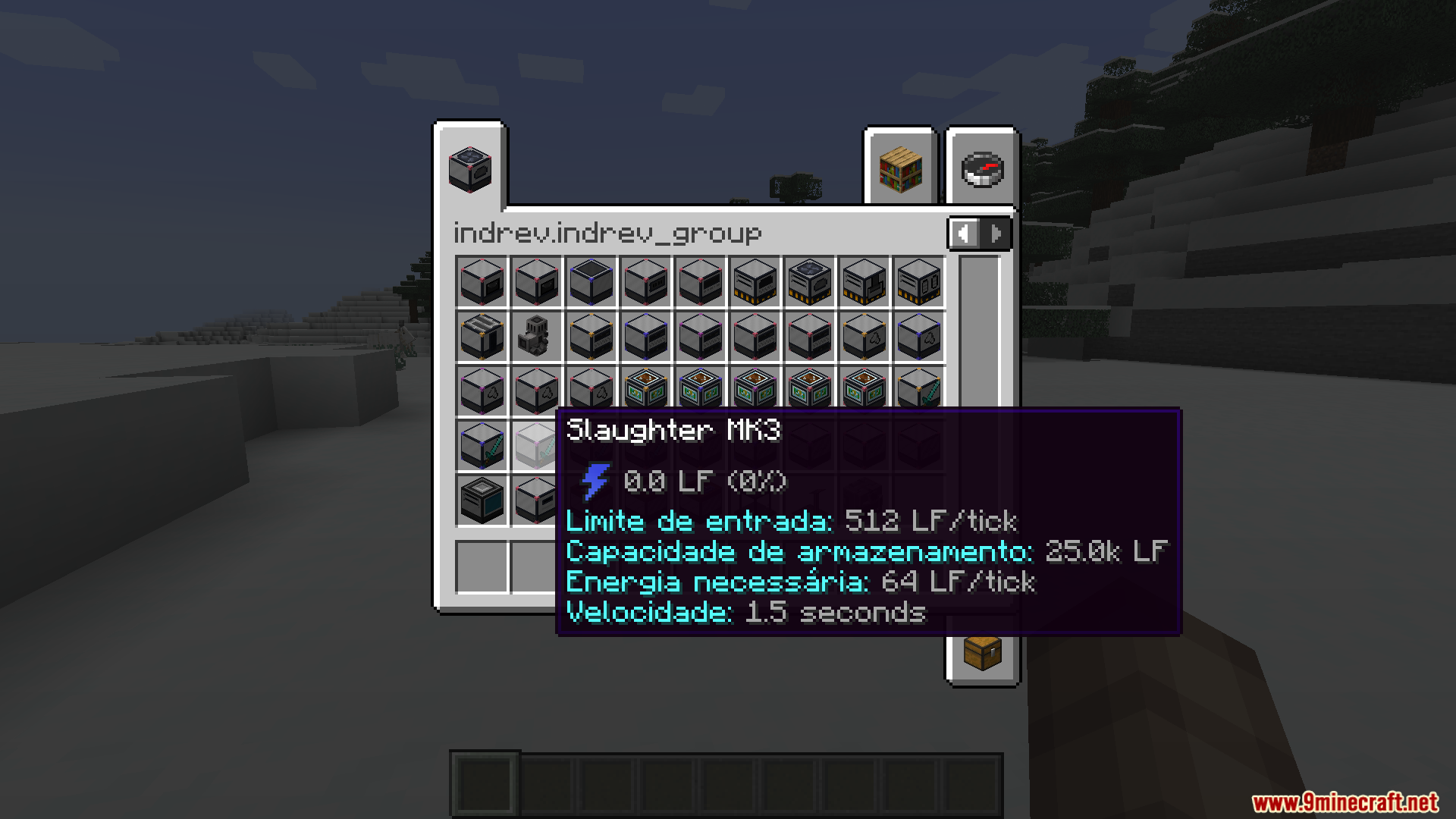 Creative inventory menu showing Slaughter MK3 machine with Portuguese language translation