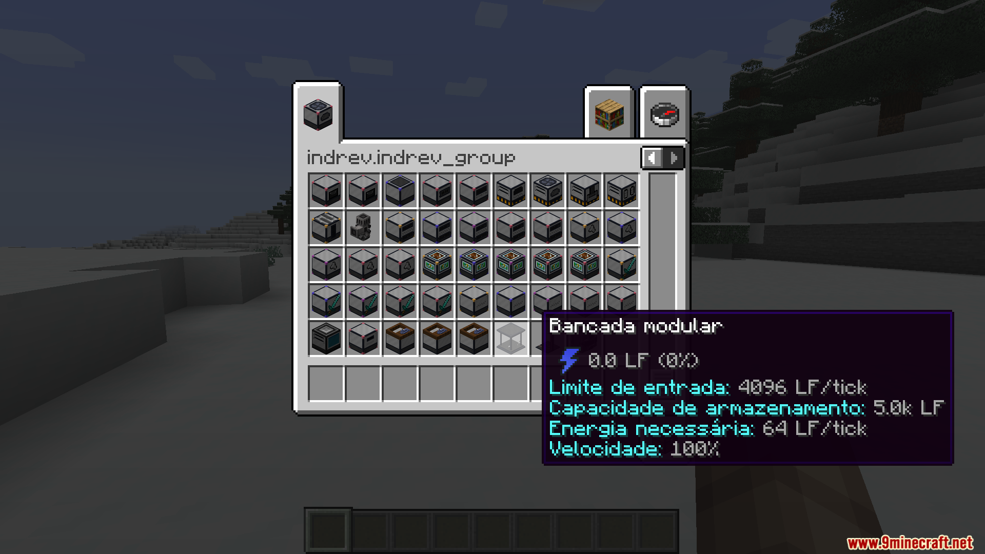Creative inventory menu showing Bancada modular machine with Portuguese language translation