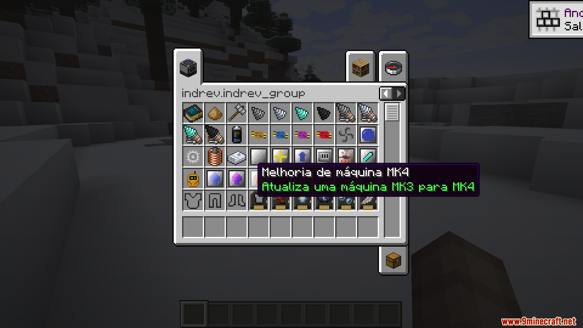 Creative inventory showing modded items with tooltips translated into the Portuguese language