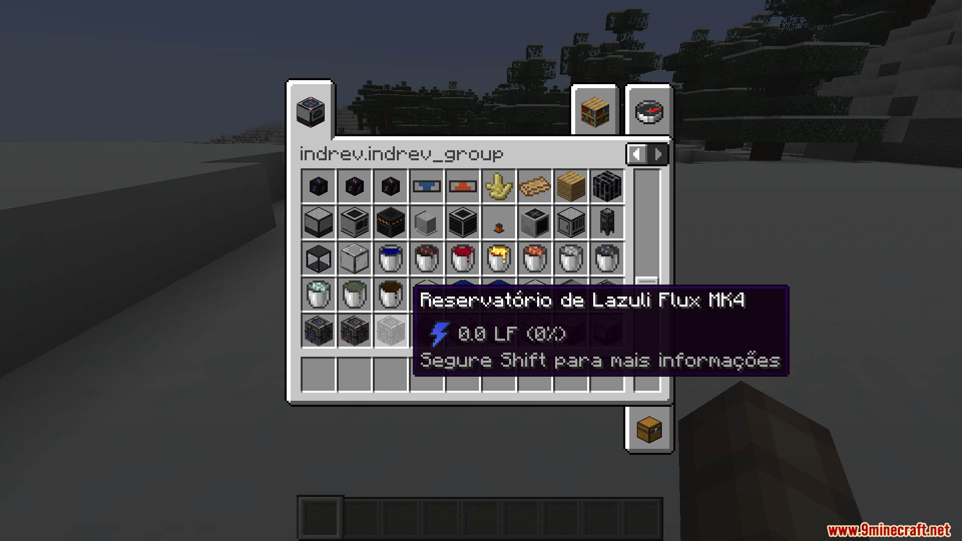 Creative inventory tab displaying translated item names in Brazilian Portuguese for Industrial Revolution