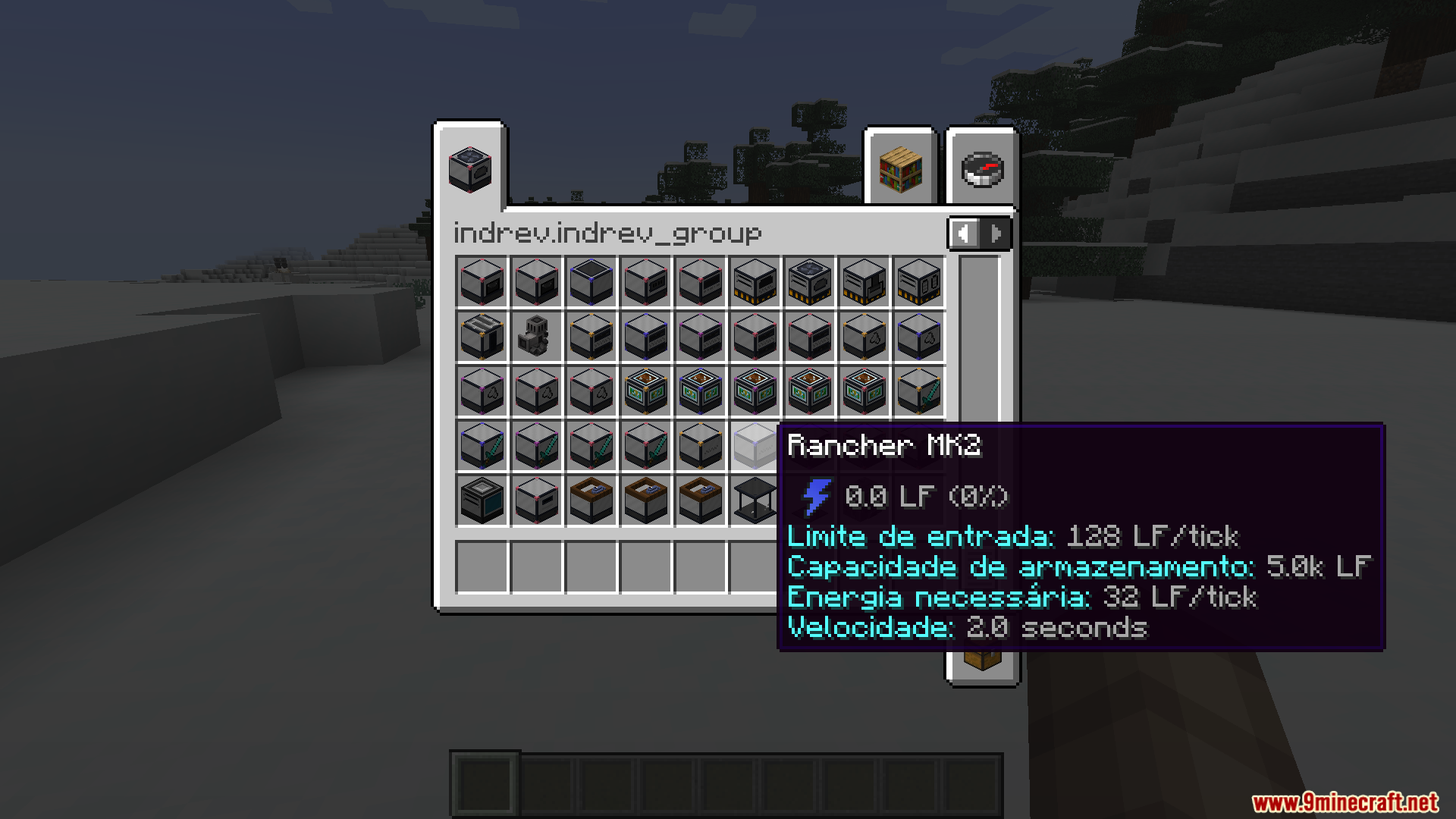 Machine tooltip showing translated technical information in Portuguese within the creative menu