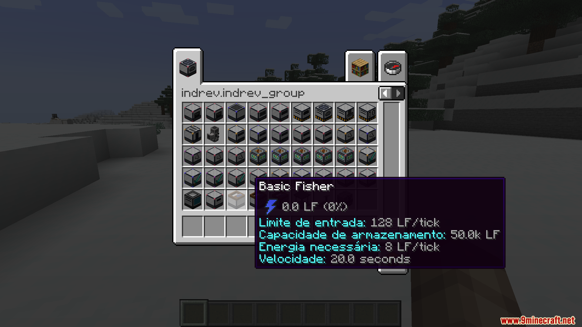 Industrial Revolution mod inventory showing machine items with Portuguese tooltip for Basic Fisher