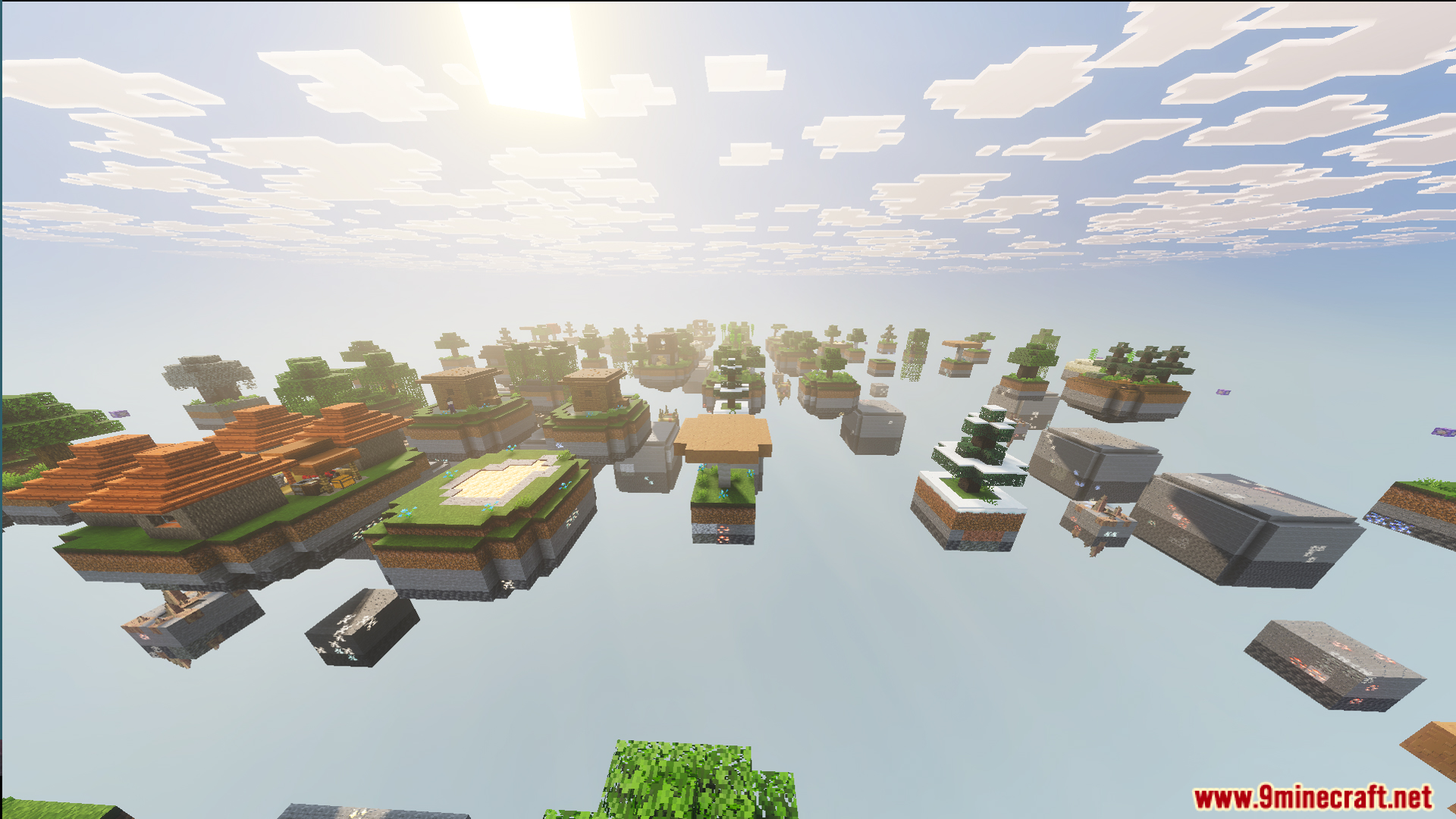 Infinite Skyblock Map generates various floating islands with structures across the endless void