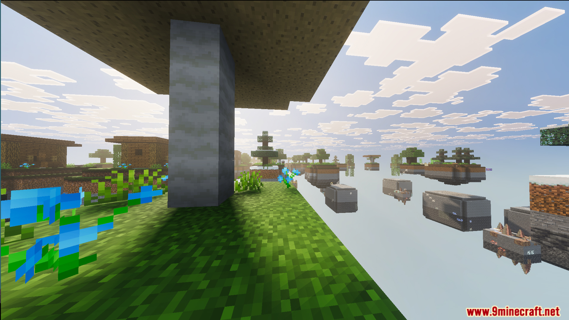Blue flowers on a grassy island overlooking many other floating islands in void