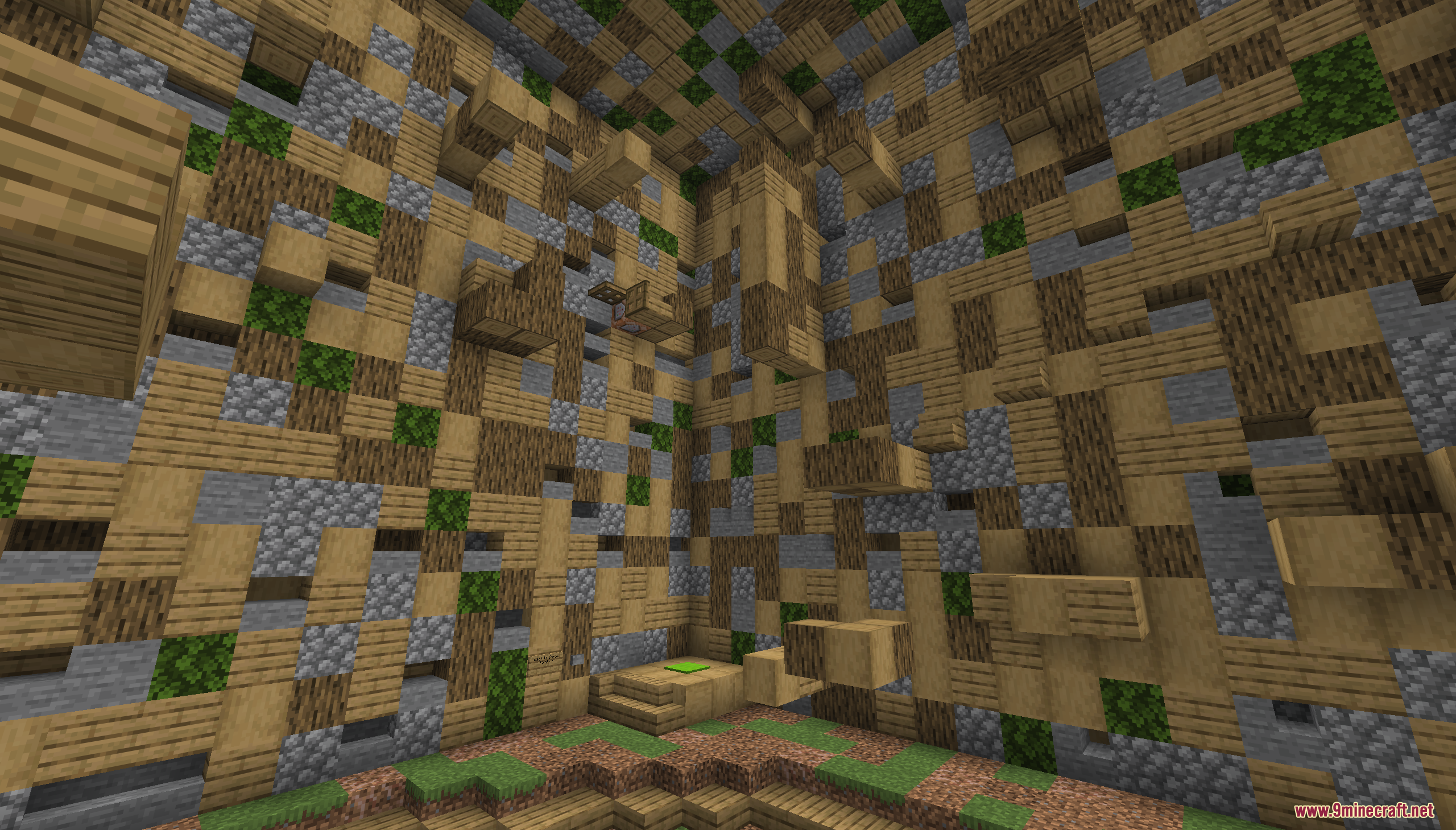 Infinite Tower Parkour Map Screenshot 2 A complex parkour course inside a room featuring wooden blocks and green leaves