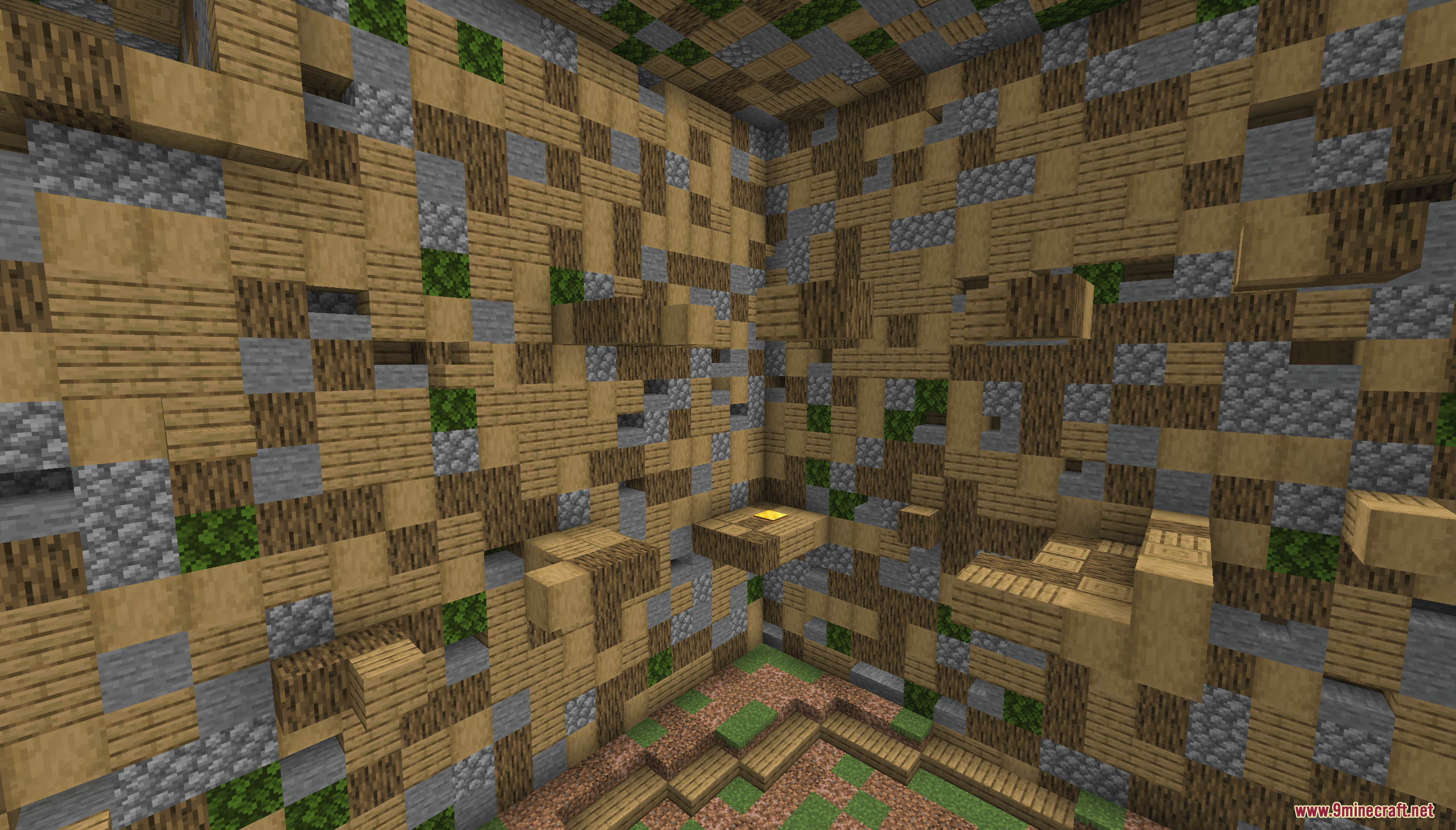 Infinite Tower Parkour Map Screenshot 3 A parkour room featuring walls made of oak wood and cobblestone blocks