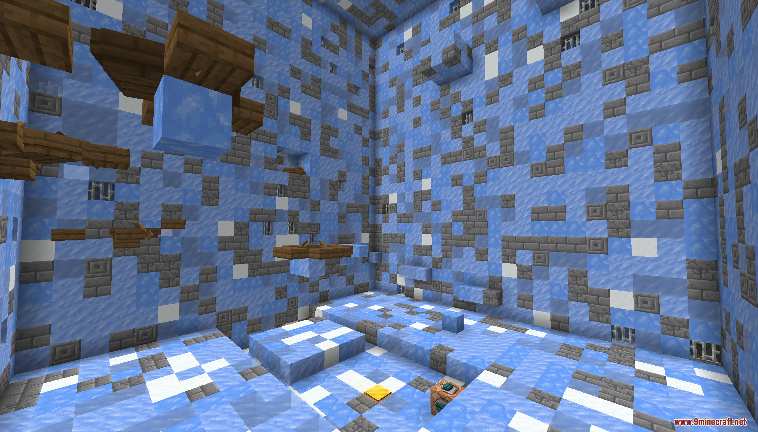 Infinite Tower Parkour Map Screenshot 6 Icy parkour room with blue ice walls and wooden trapdoor jumping platforms