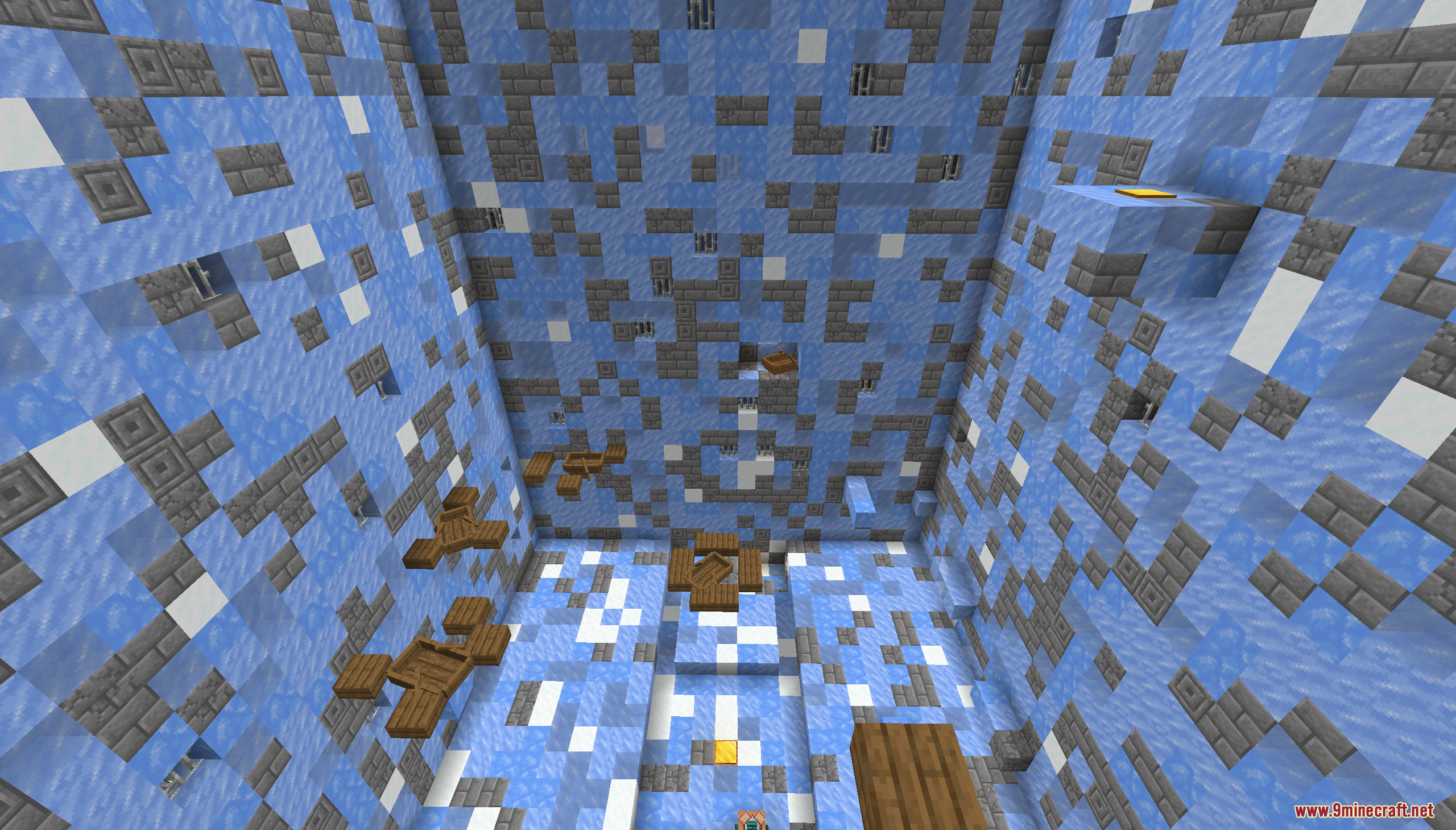 Infinite Tower Parkour Map Screenshot 7 Vertical ice tower level with wooden trapdoor platforms in Infinite Tower Parkour Map