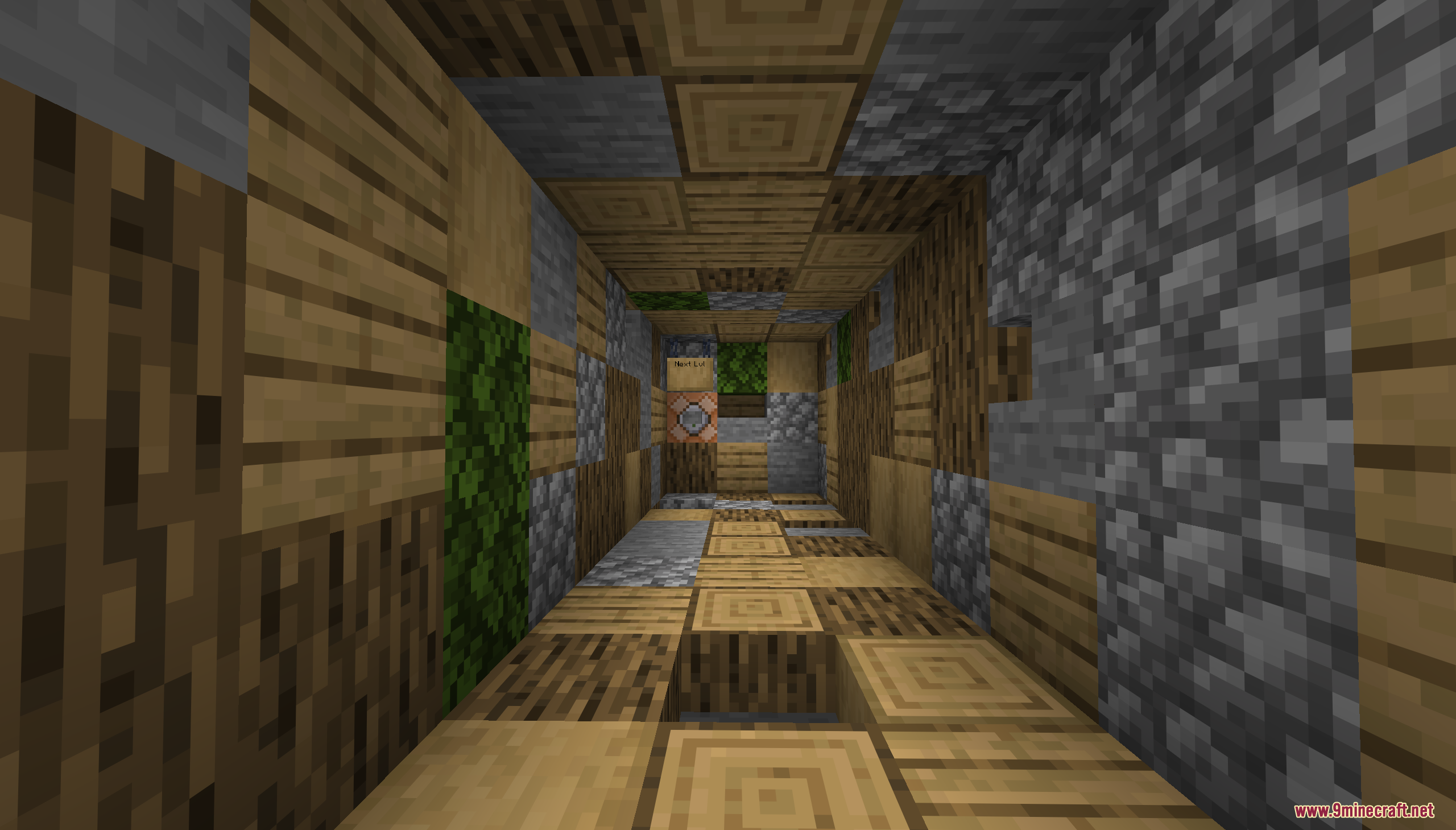 Infinite Tower Parkour Map Screenshot 8 Narrow tunnel built with mixed wood and stone blocks leading to a command block