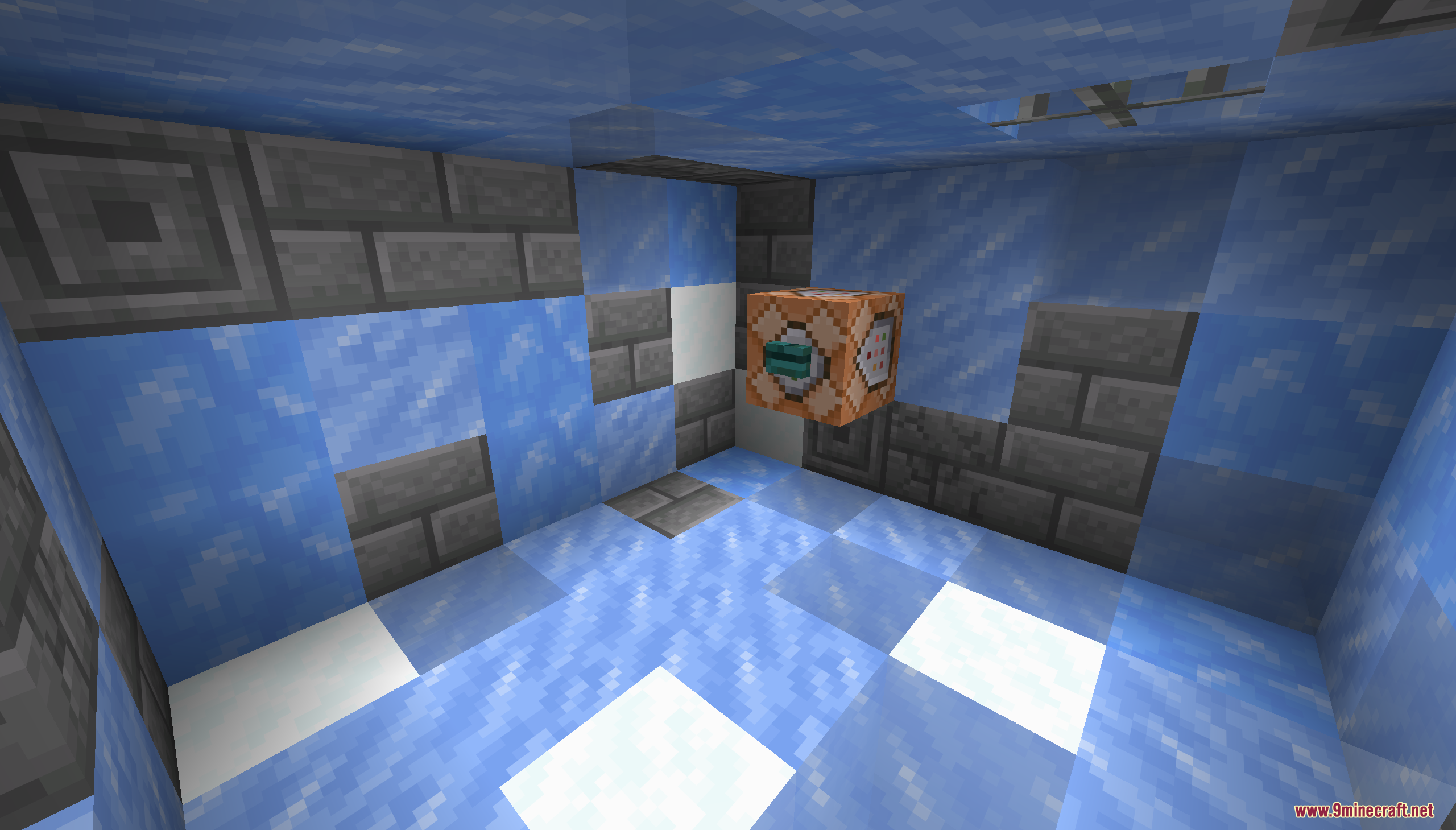 Infinite Tower Parkour Map Screenshot 9 A command block with a button floating inside an icy stone brick room