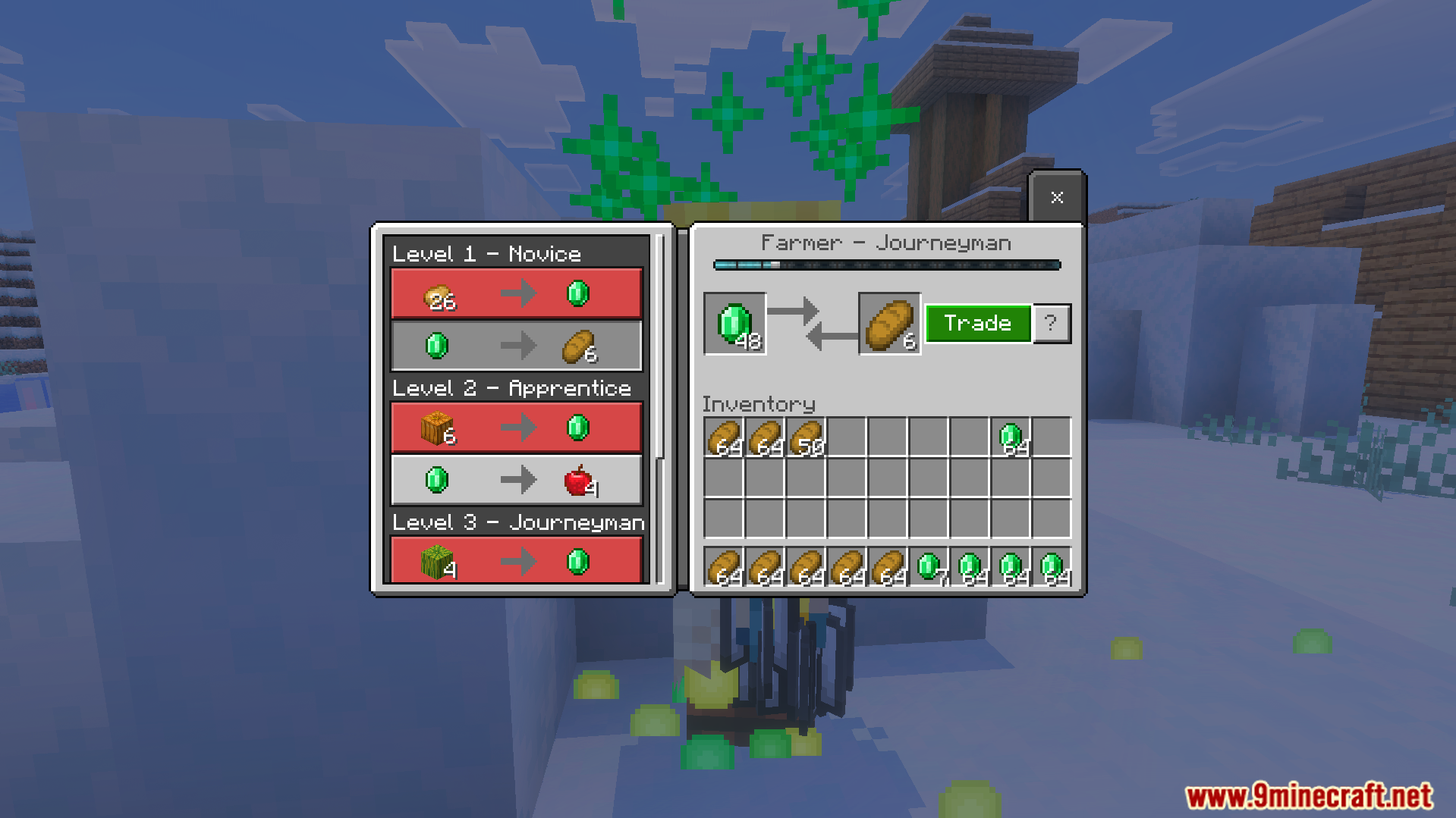 Farmer journeyman villager trading interface with unlocked level three trades in Minecraft