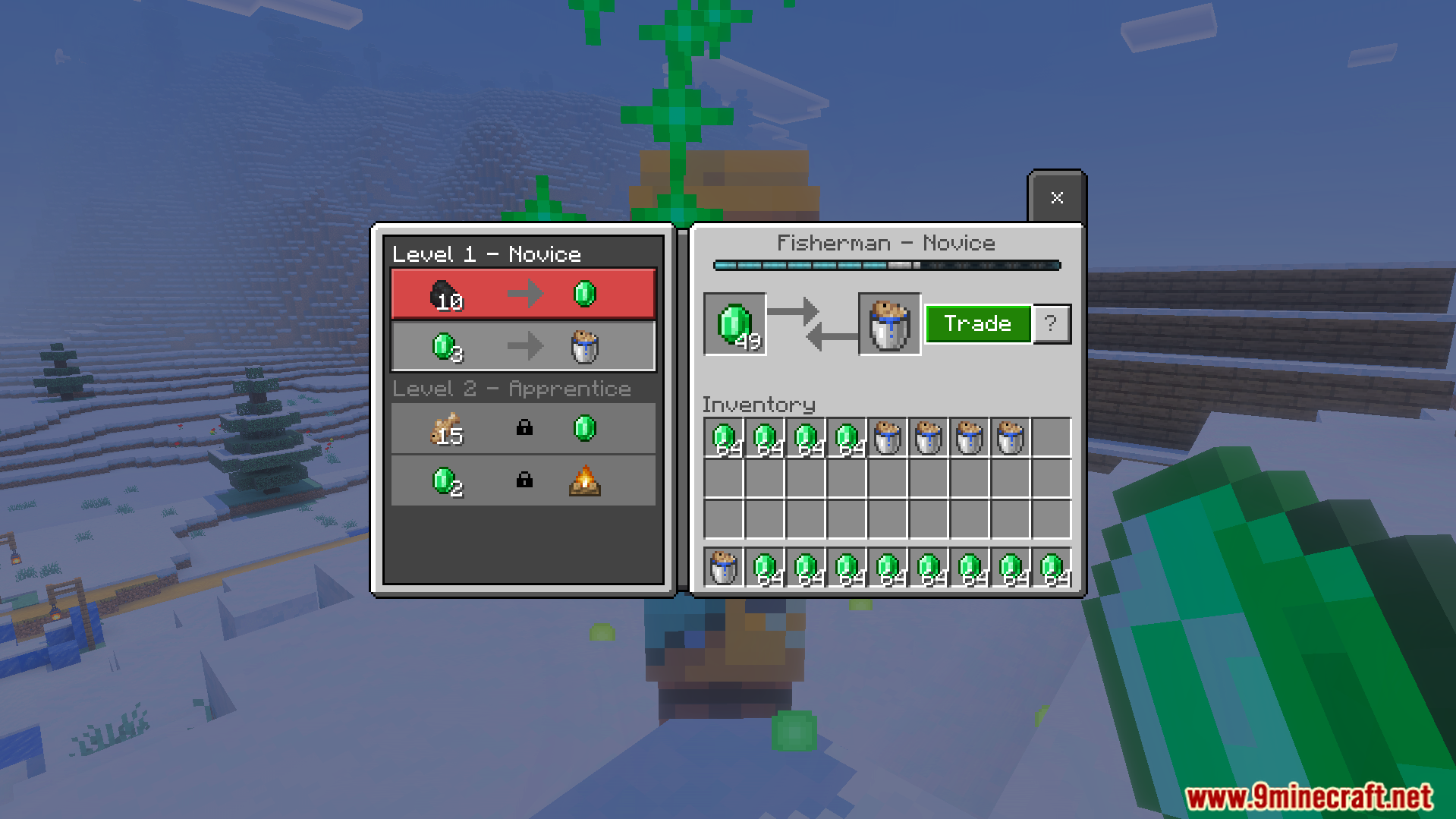 Fisherman villager trading interface with stacks of emeralds and buckets of cod