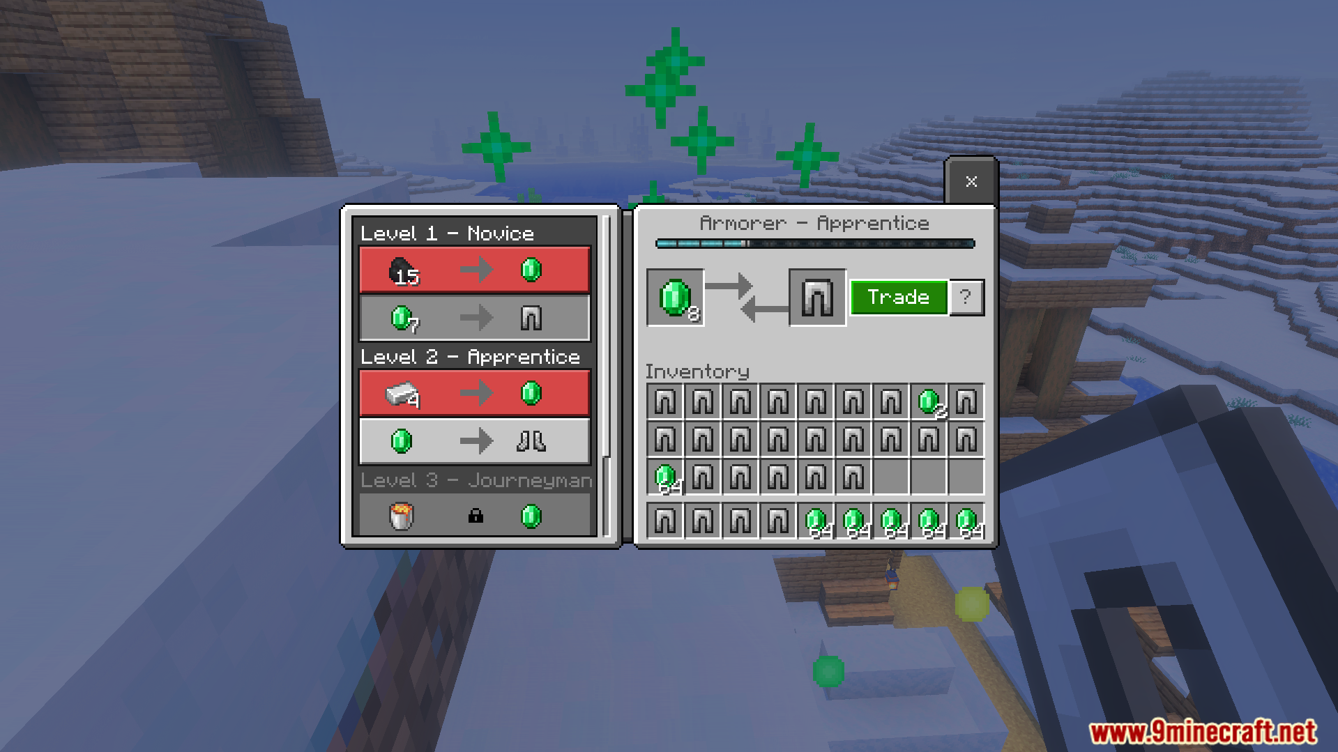 Apprentice armorer trading interface with an inventory full of iron helmets and emeralds