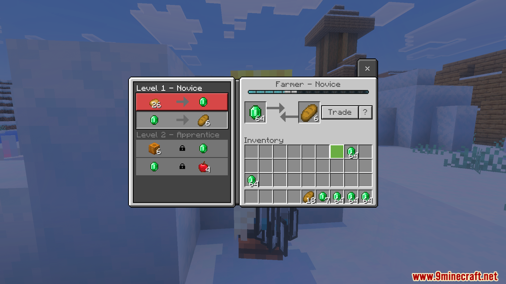 Farmer villager trading interface showing emeralds exchanged for bread in Minecraft Bedrock