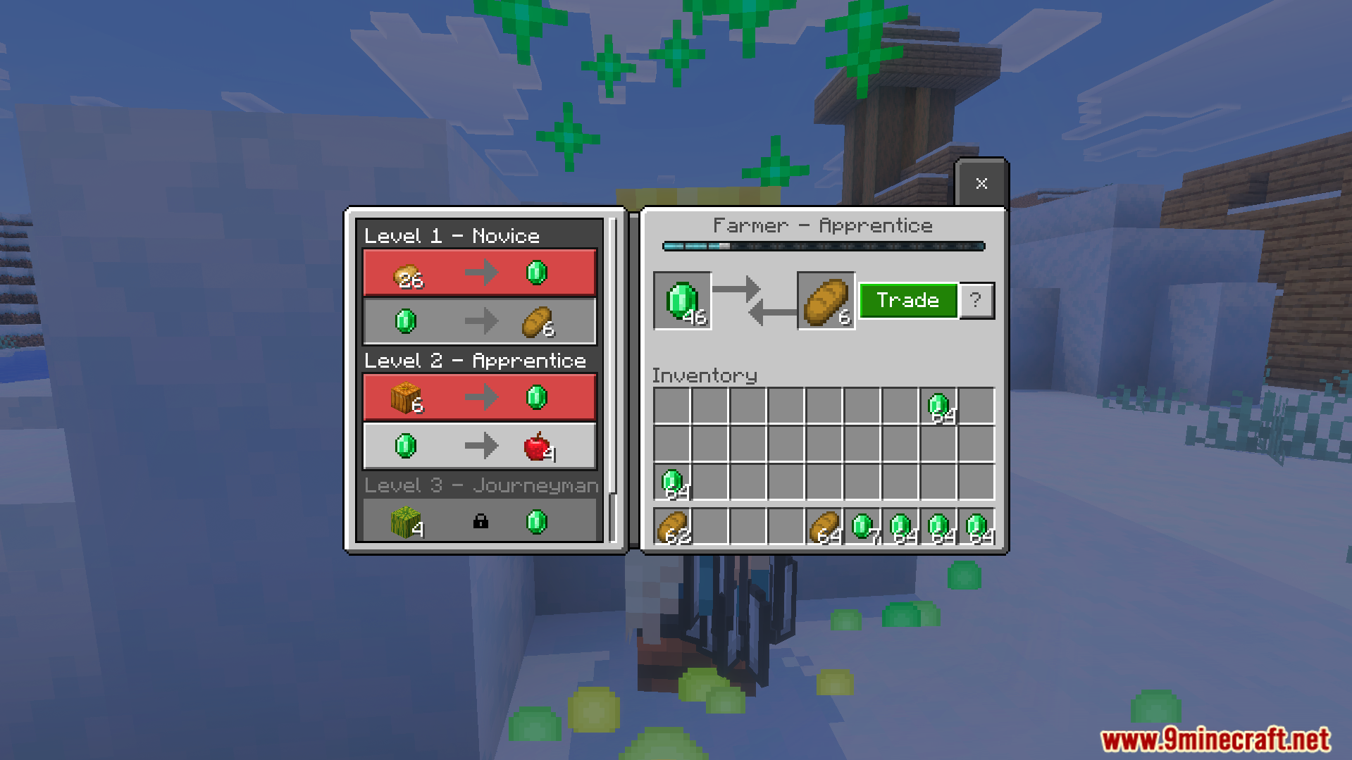 Infinite Trade Plus Addon interface showing a farmer apprentice trading emeralds and bread
