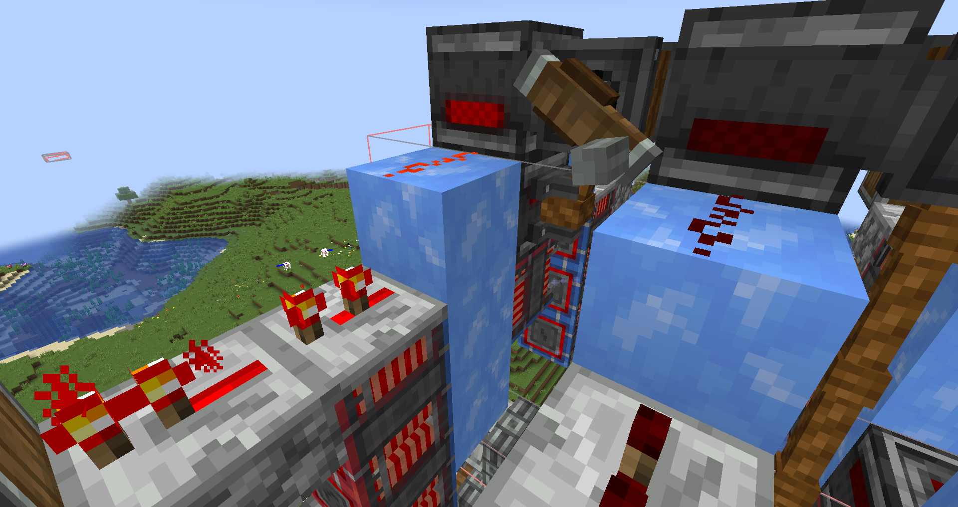 Close up of redstone dust and blue ice on a mechanical engine