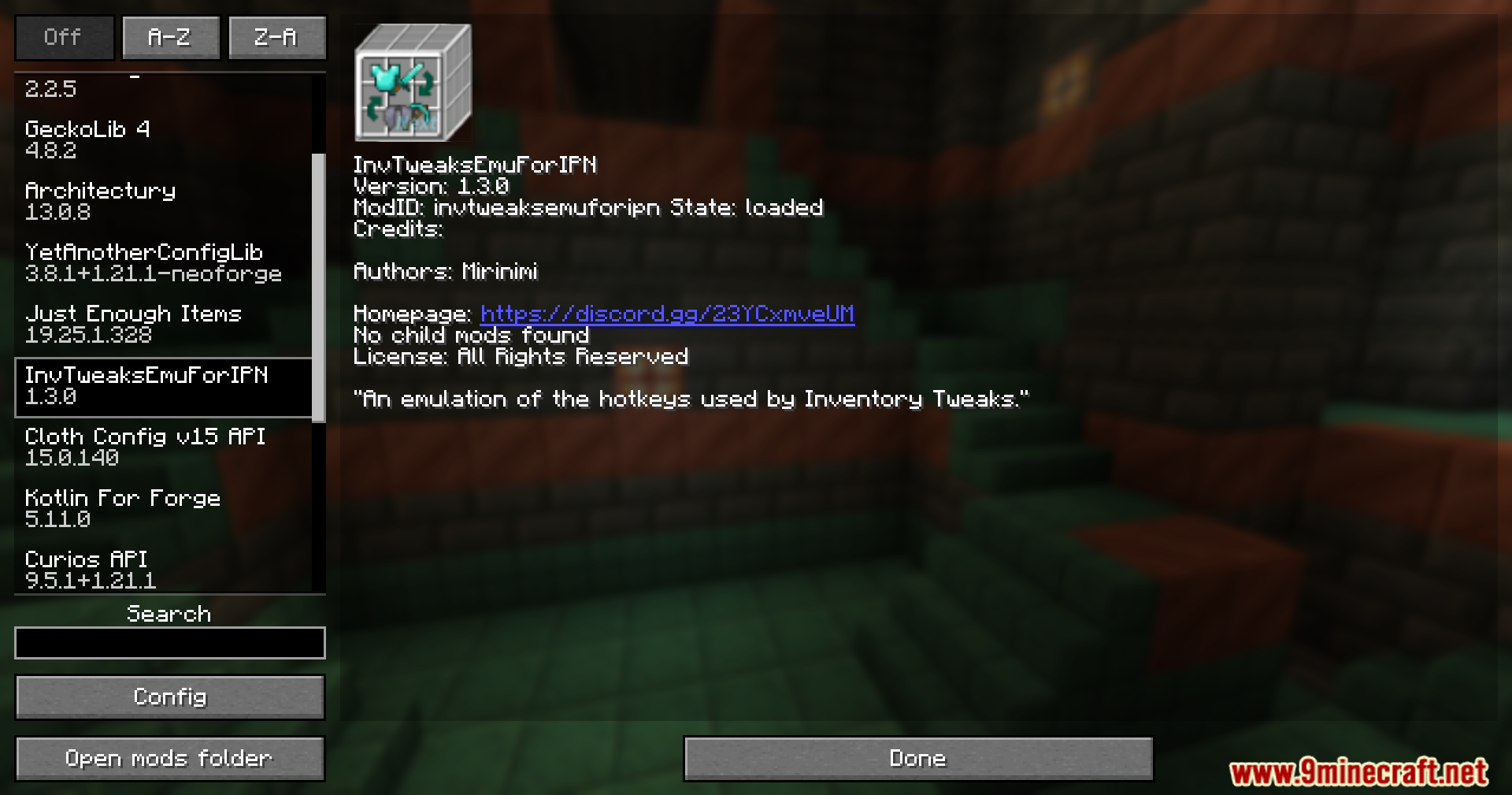InvTweaks Emu for IPN Mod Screenshot 1 Minecraft mod menu screen displaying details for the InvTweaks Emu for IPN