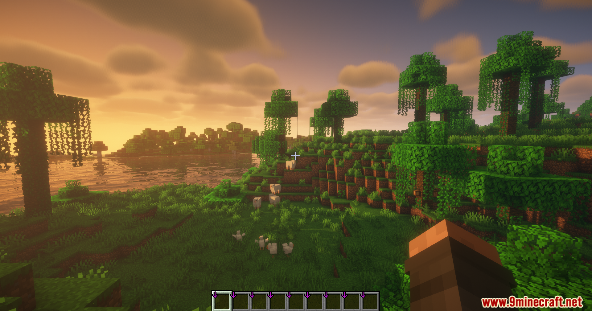 InvTweaks Emu for IPN Mod Screenshot 2 Minecraft landscape at sunset showing custom arrow icons on the player hotbar