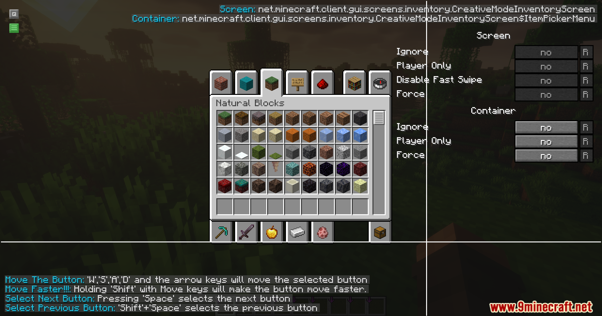 InvTweaks Emu for IPN Mod Screenshot 3 Minecraft creative inventory screen with an overlay for editing button positions and settings