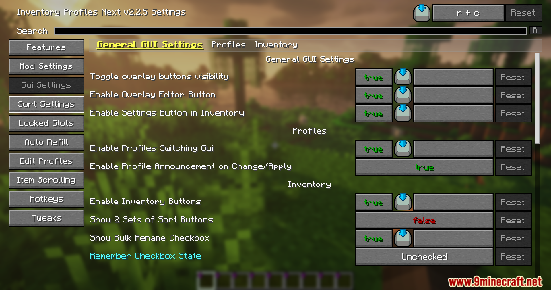 InvTweaks Emu for IPN Mod Screenshot 5 Minecraft menu screen showing general GUI settings for the inventory profiles mod