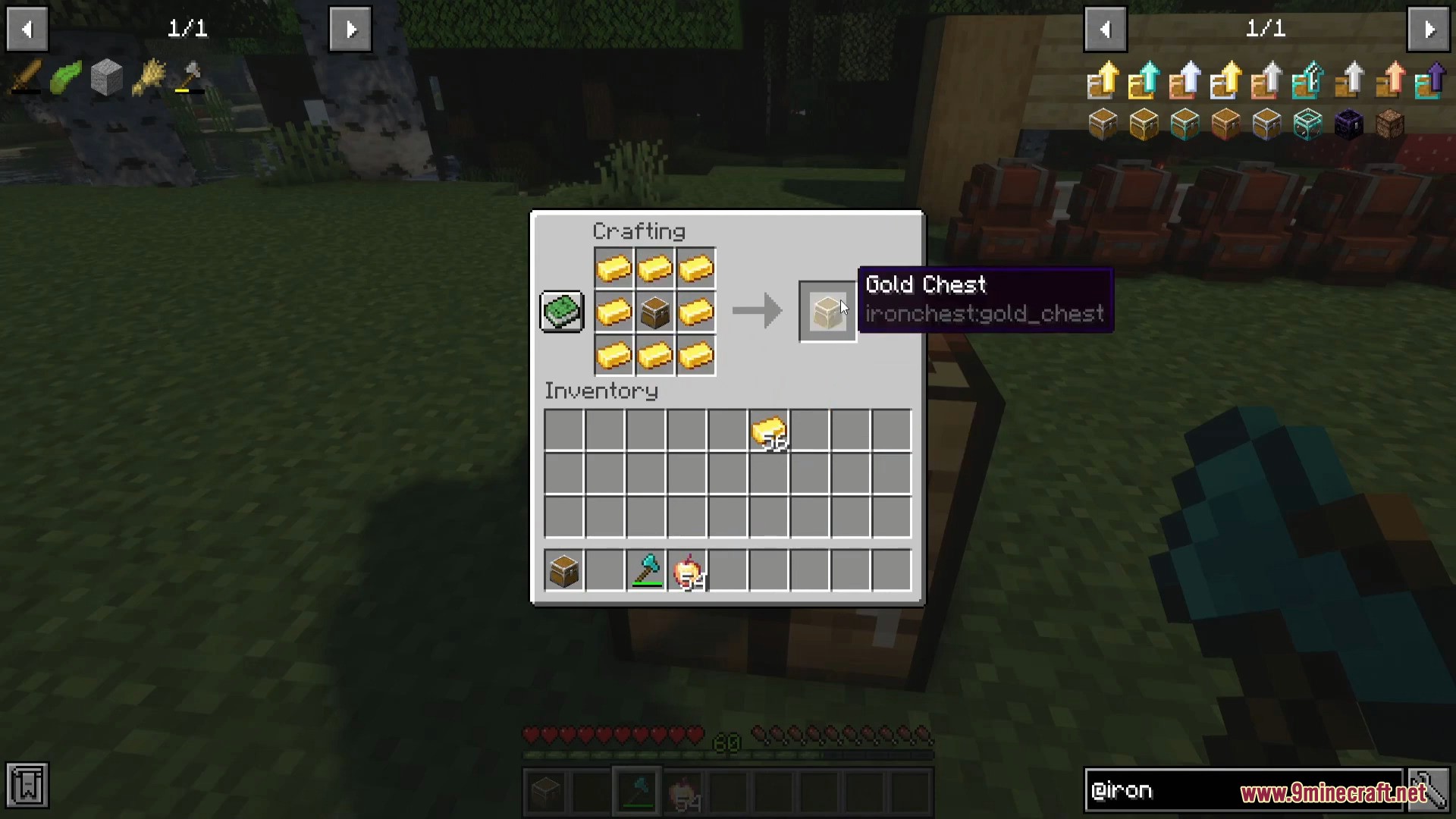 A gold chest packed with stacks of resources