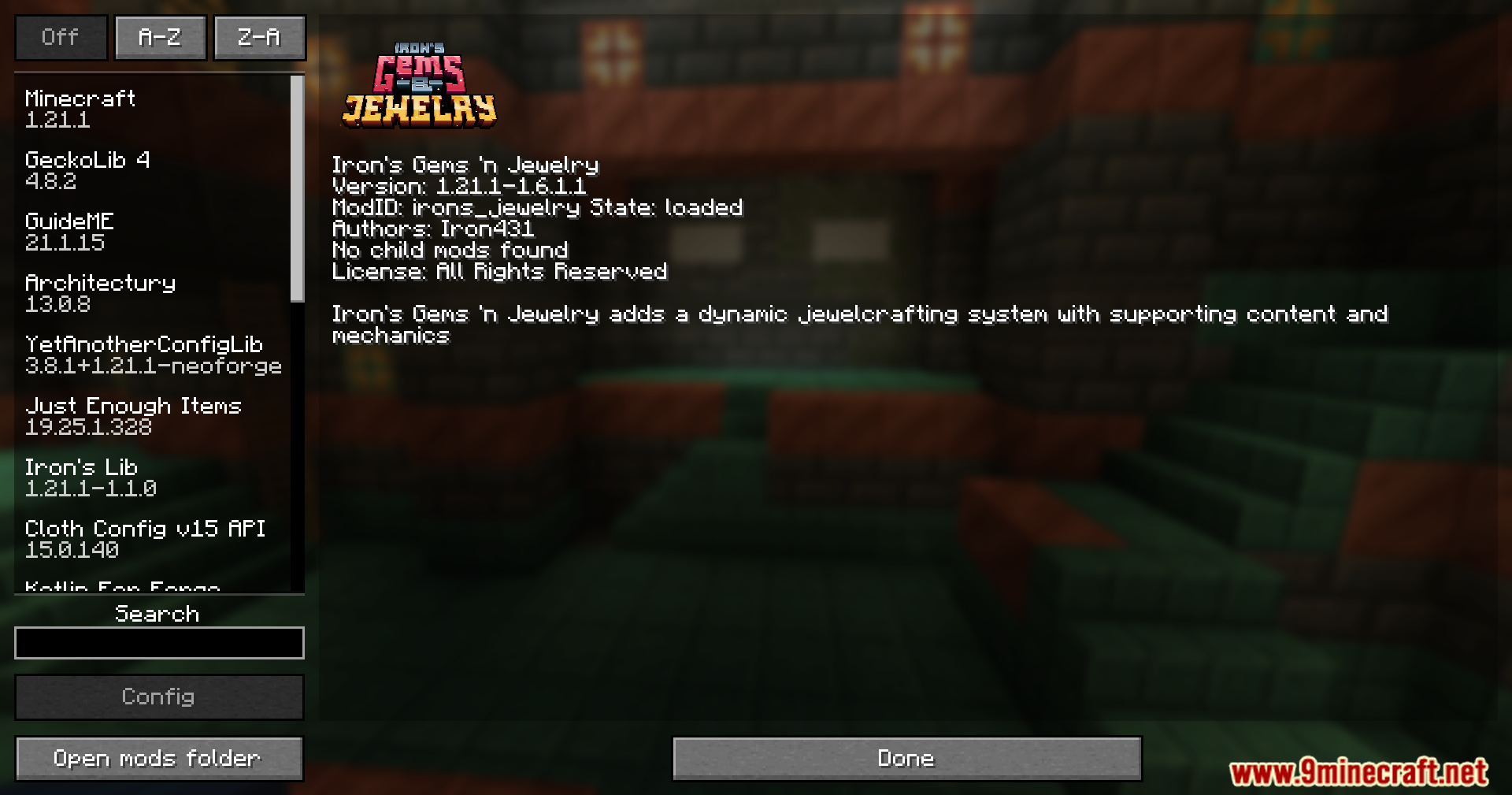 Iron's Gems 'n Jewelry Mod Screenshot 1 Minecraft mod menu screen showing details for Iron Gems and Jewelry mod