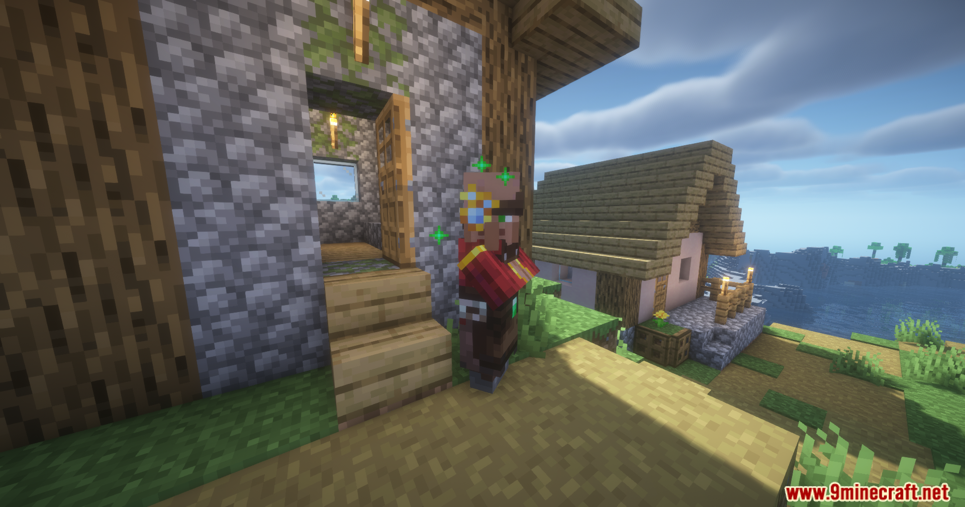 Iron's Gems 'n Jewelry Mod Screenshot 12 A Jeweler villager standing outside a house in a scenic Minecraft village