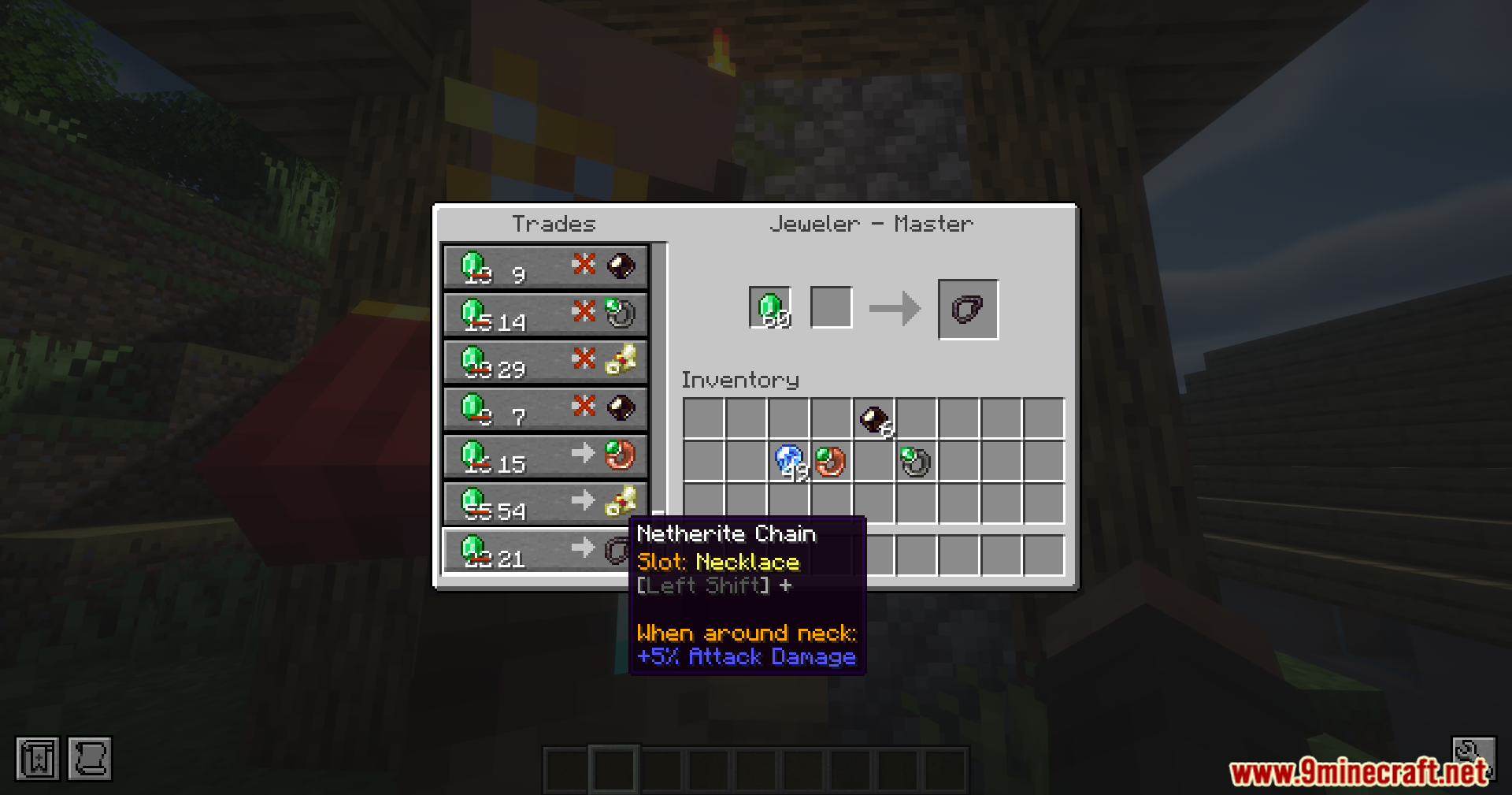 Iron's Gems 'n Jewelry Mod Screenshot 13 Player trading with a master jeweler villager for a netherite chain