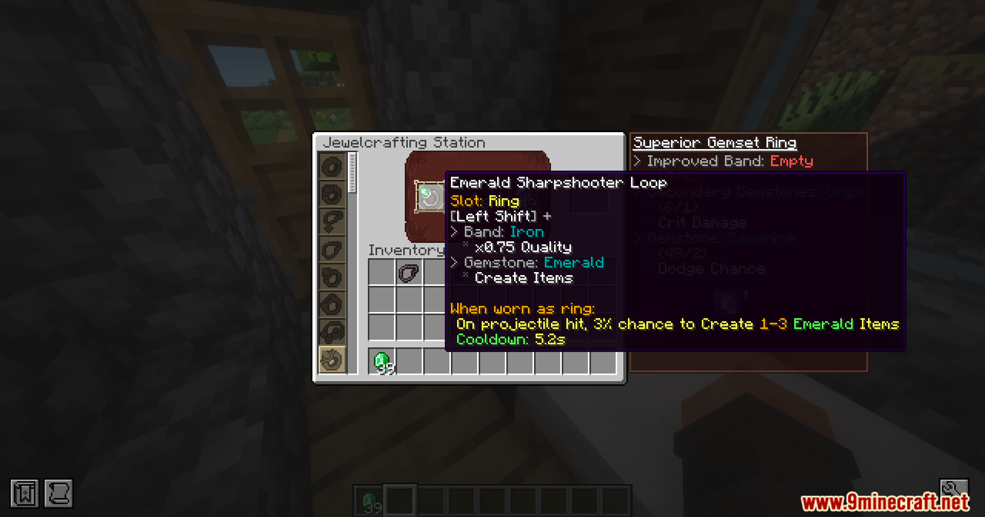 Iron's Gems 'n Jewelry Mod Screenshot 15 The Jewelcrafting Station interface showing stats for an Emerald Sharpshooter Loop