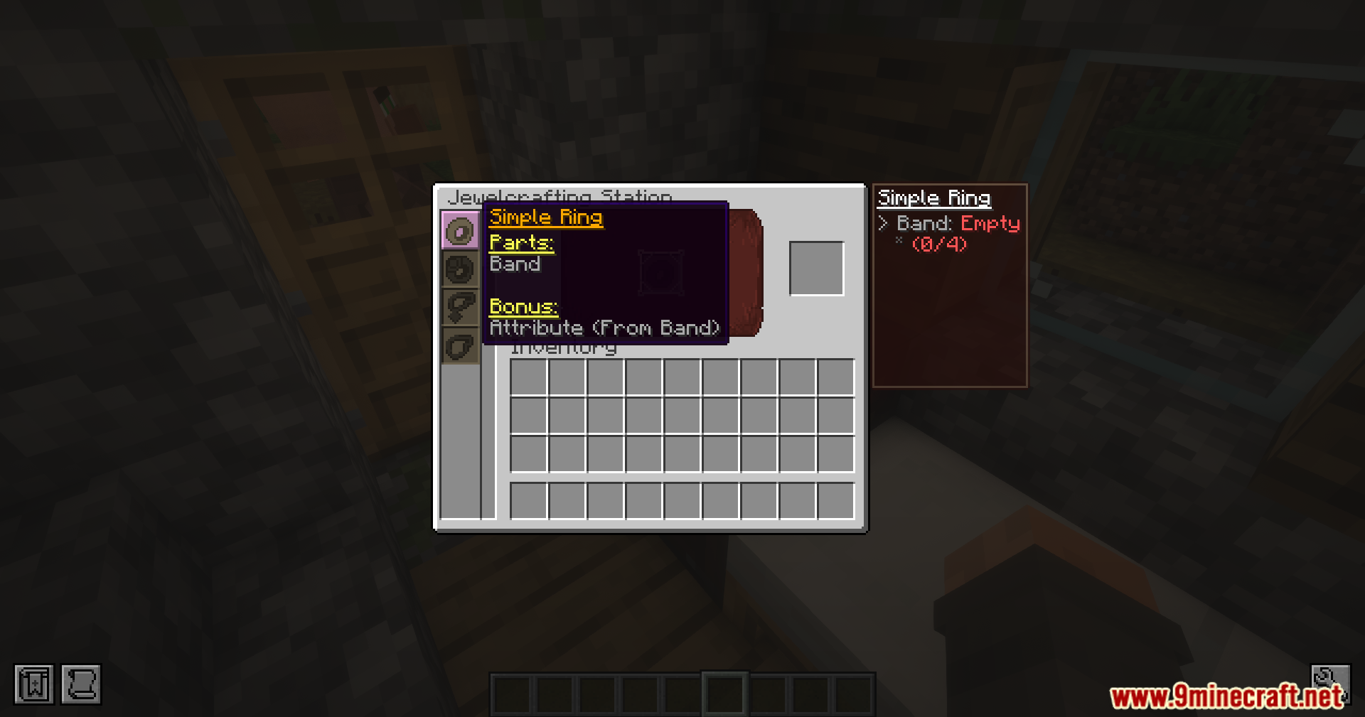Iron's Gems 'n Jewelry Mod Screenshot 3 Jewelcrafting Station interface showing the recipe for a Simple Ring in Minecraft