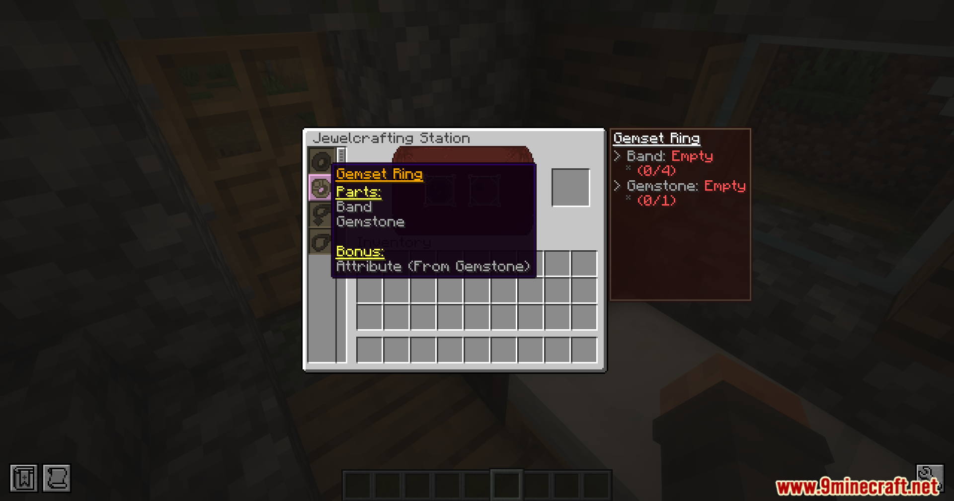 Iron's Gems 'n Jewelry Mod Screenshot 4 Jewelcrafting Station interface showing the recipe for a Gemset Ring in Minecraft
